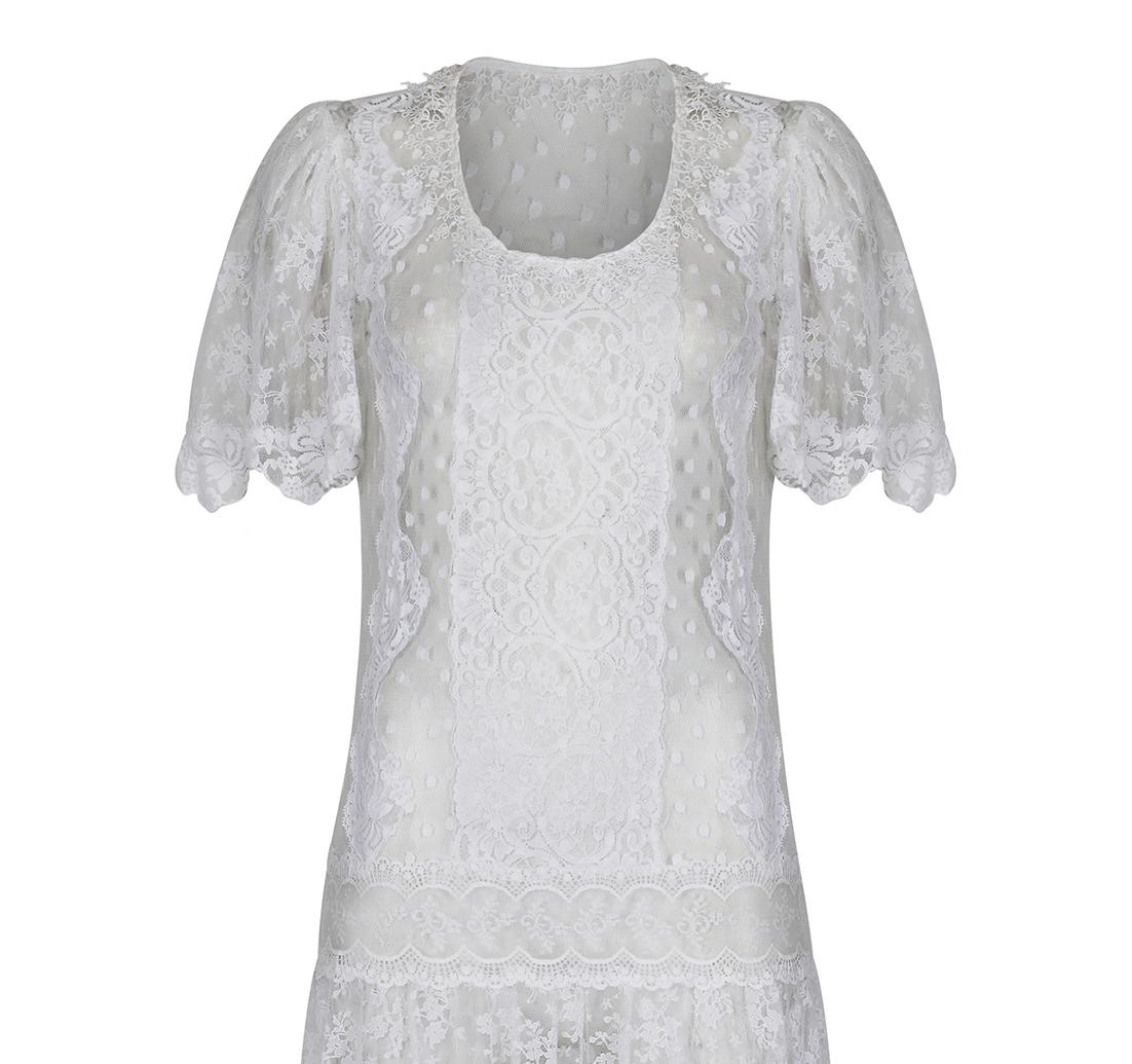 1970s Swiss Dot and Chantilly Lace Dropped Waist Dress For Sale 1