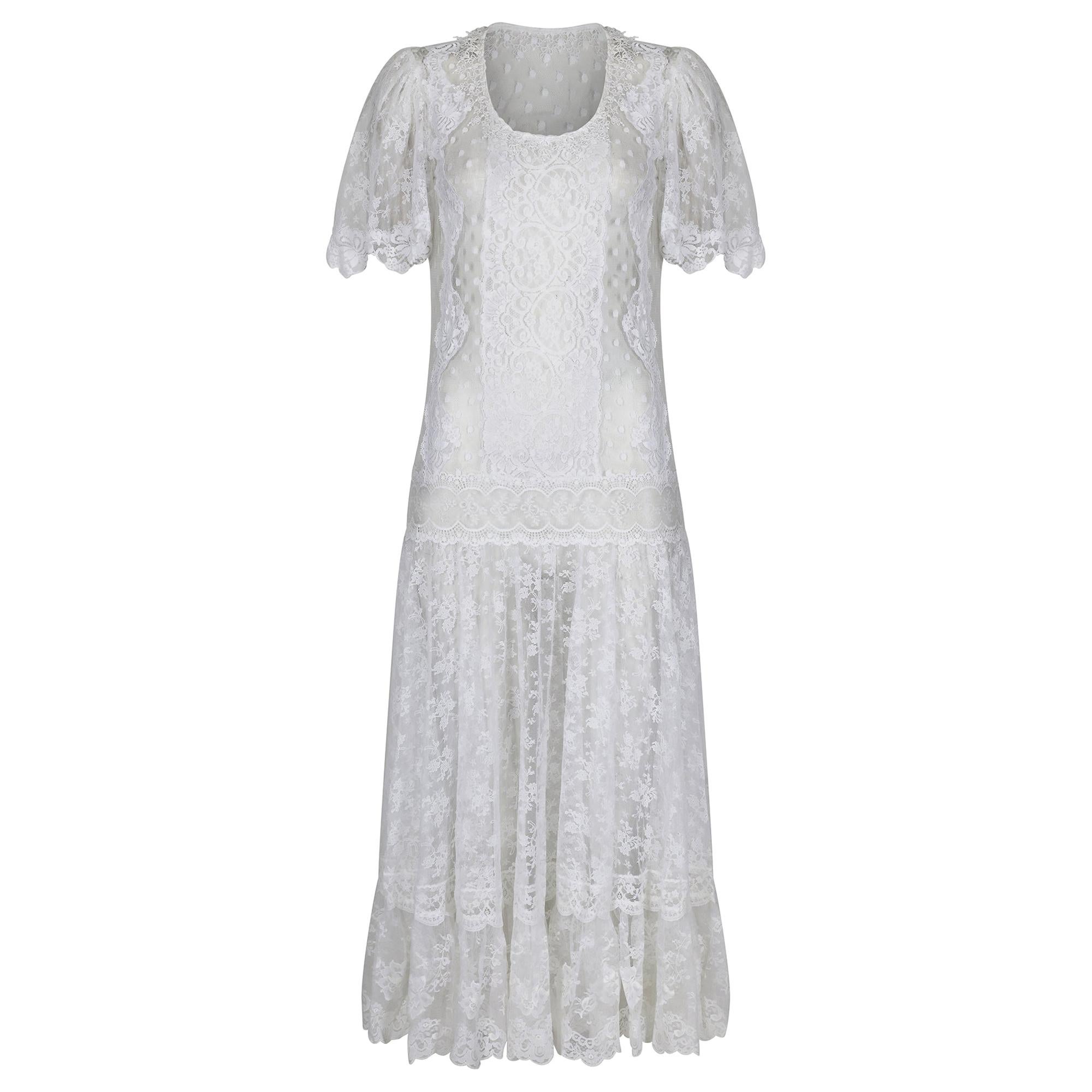 1970s Swiss Dot and Chantilly Lace Dropped Waist Dress For Sale