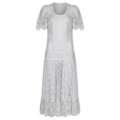 Vintage 1970s Swiss Dot and Chantilly Lace Dropped Waist Dress