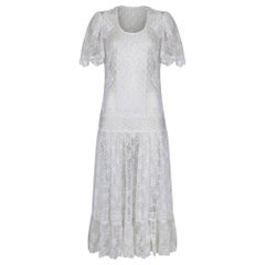 1970s Swiss Dot and Chantilly Lace Dropped Waist Dress