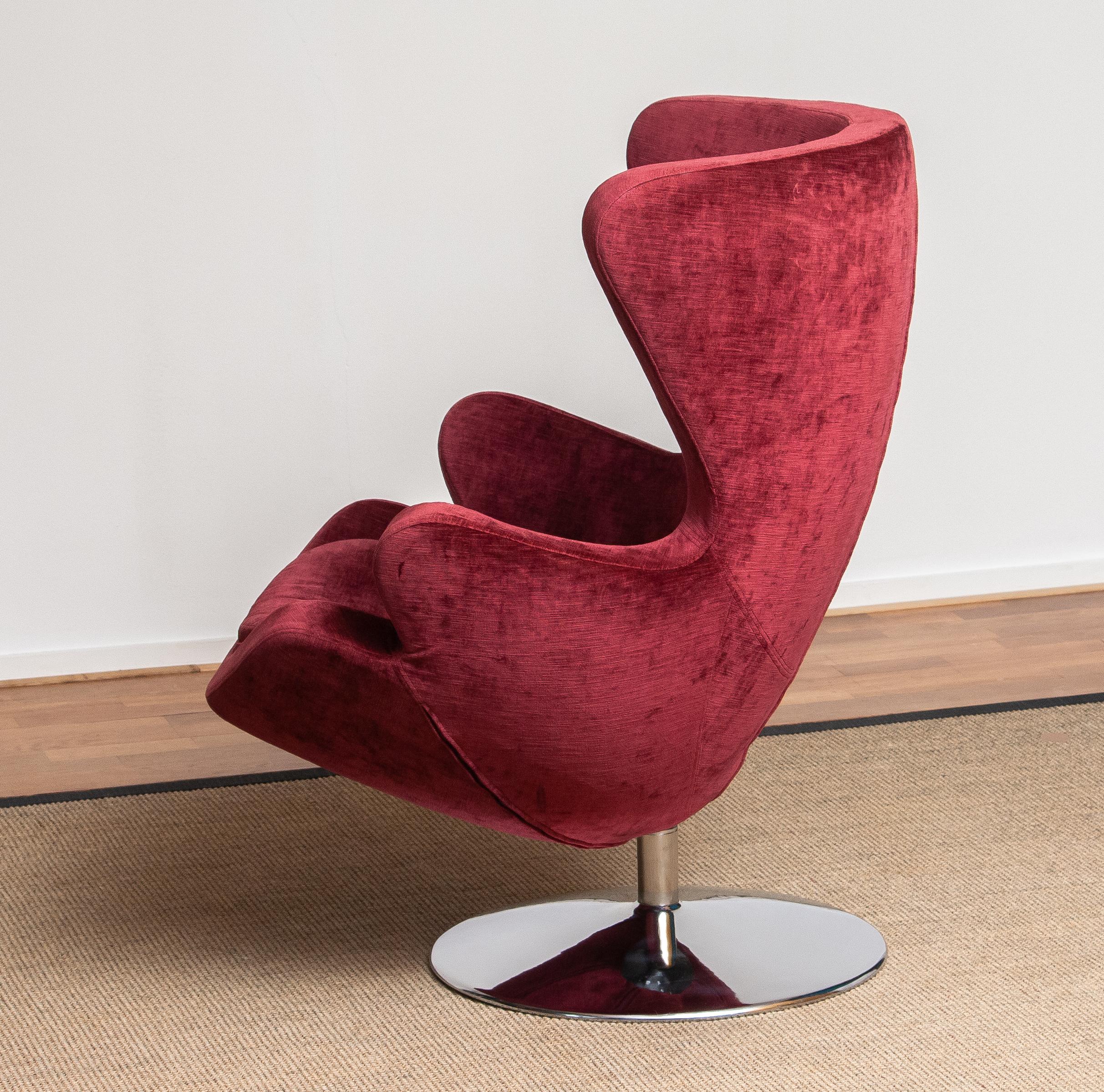 Fabric 1970s, Swivel Lounge Egg Chair on Chrome Stand Colored in Bordeaux Red Baby Roy