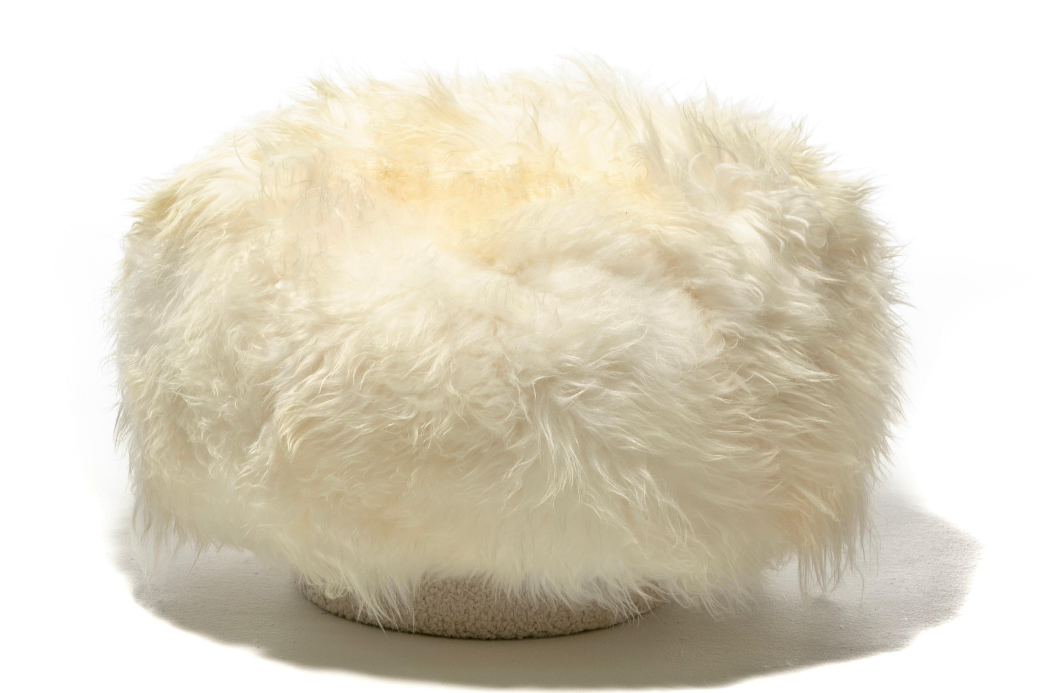 Modern 1970s Swivel Mushroom Top Pouf Ottoman in Ivory White Icelandic Sheepskin For Sale