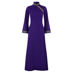 1970s Sylvan Purple Jersey Mughal Collared Lame Trim Dress