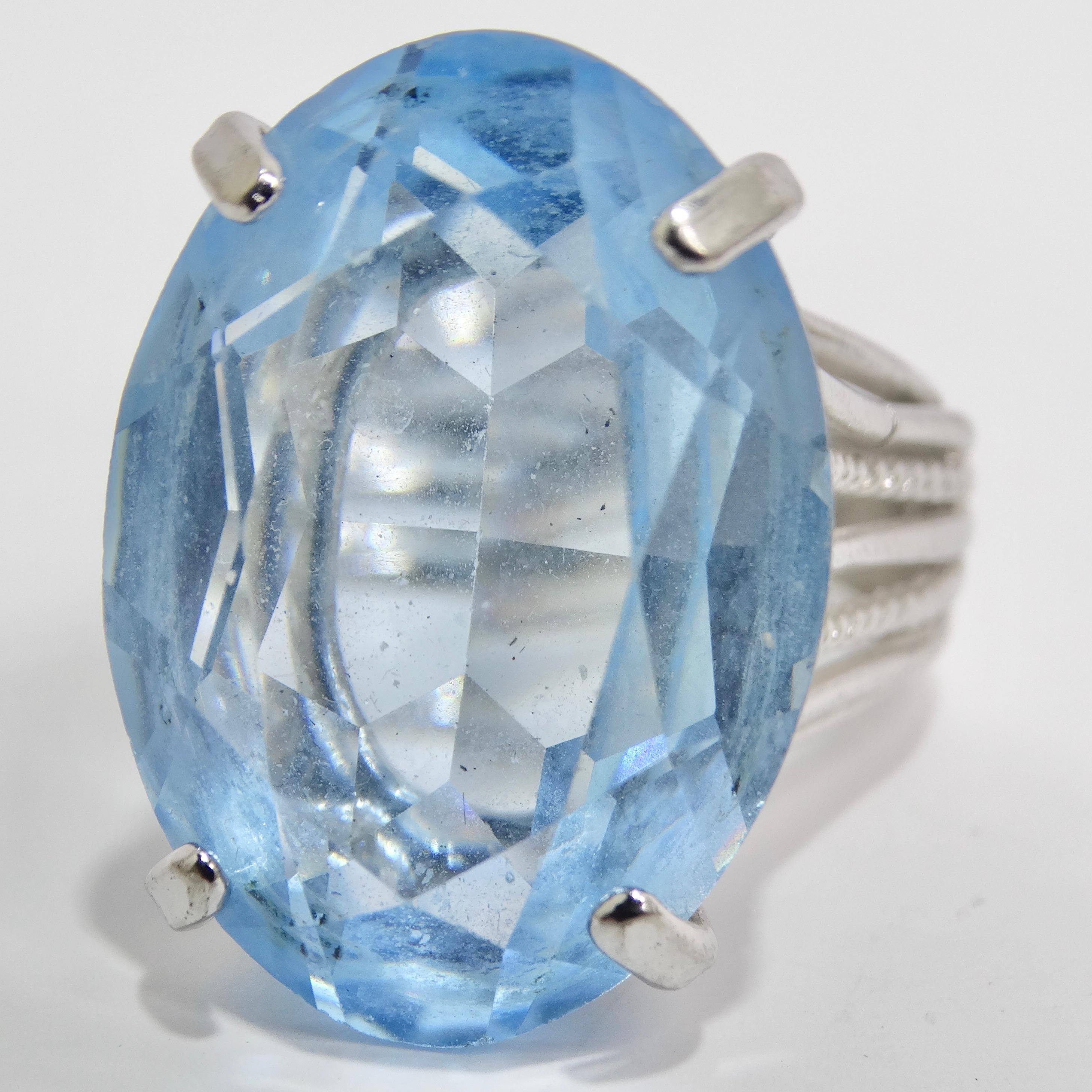 1970s Synthetic Aquamarine Silver Plated Cocktail Ring In Good Condition For Sale In Scottsdale, AZ
