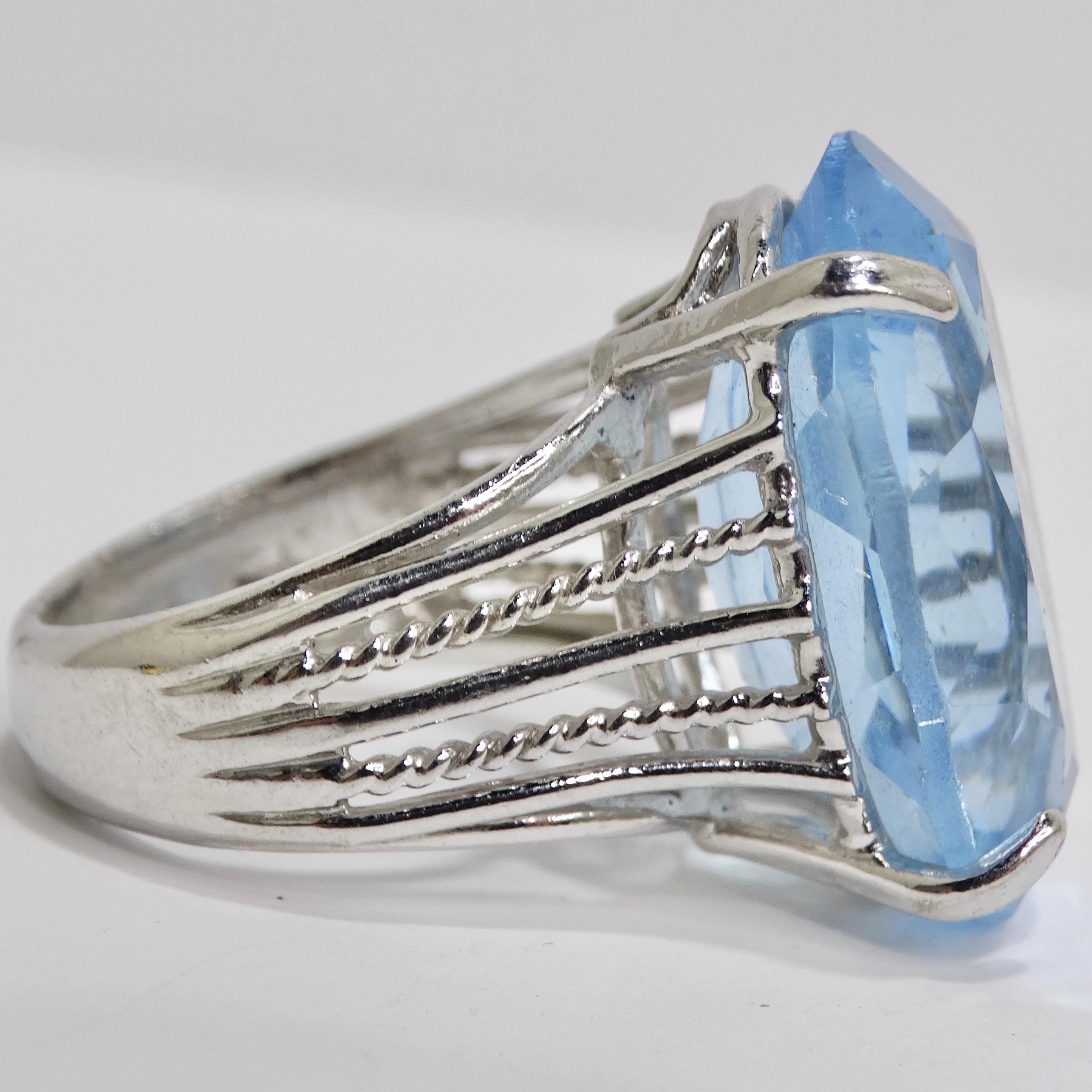 Women's or Men's 1970s Synthetic Aquamarine Silver Plated Cocktail Ring For Sale