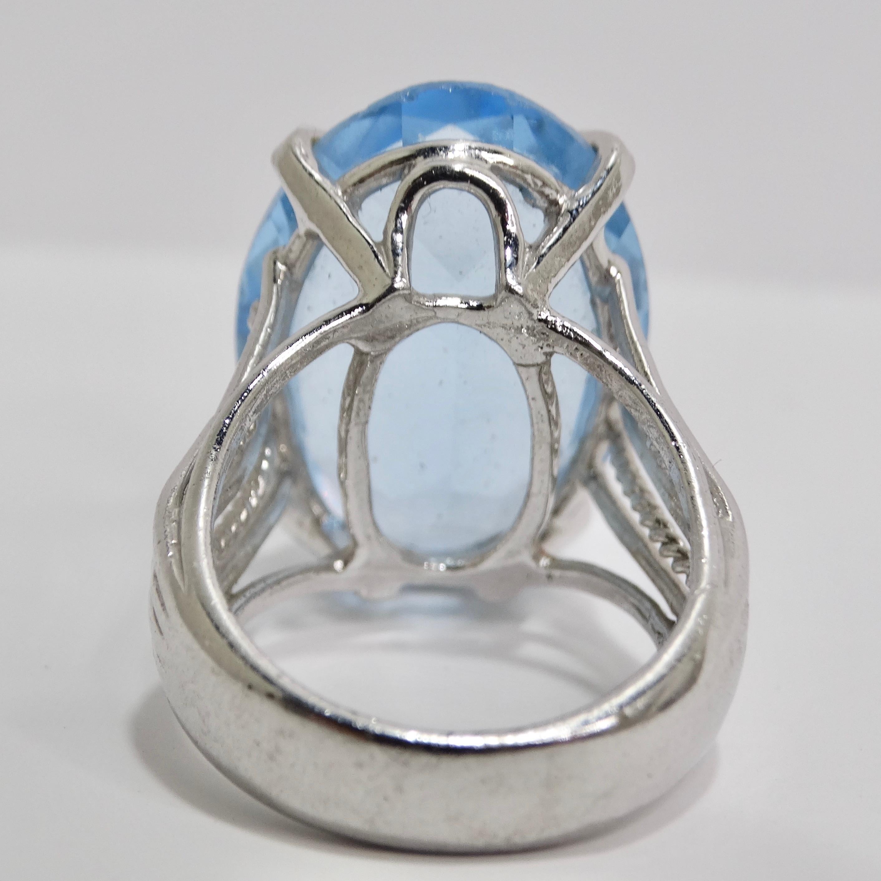 1970s Synthetic Aquamarine Silver Plated Cocktail Ring For Sale 1