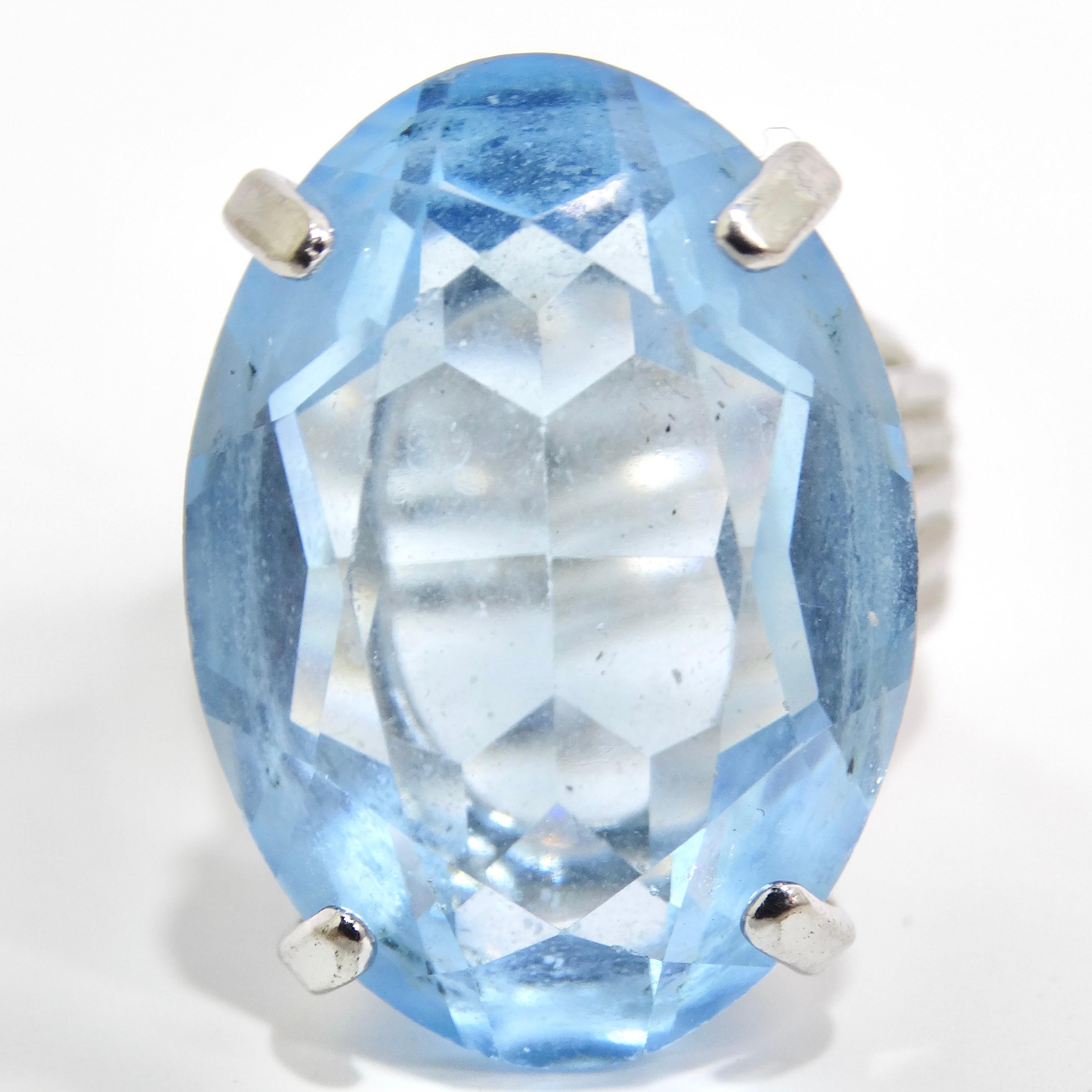 1970s Synthetic Aquamarine Silver Plated Cocktail Ring For Sale 2