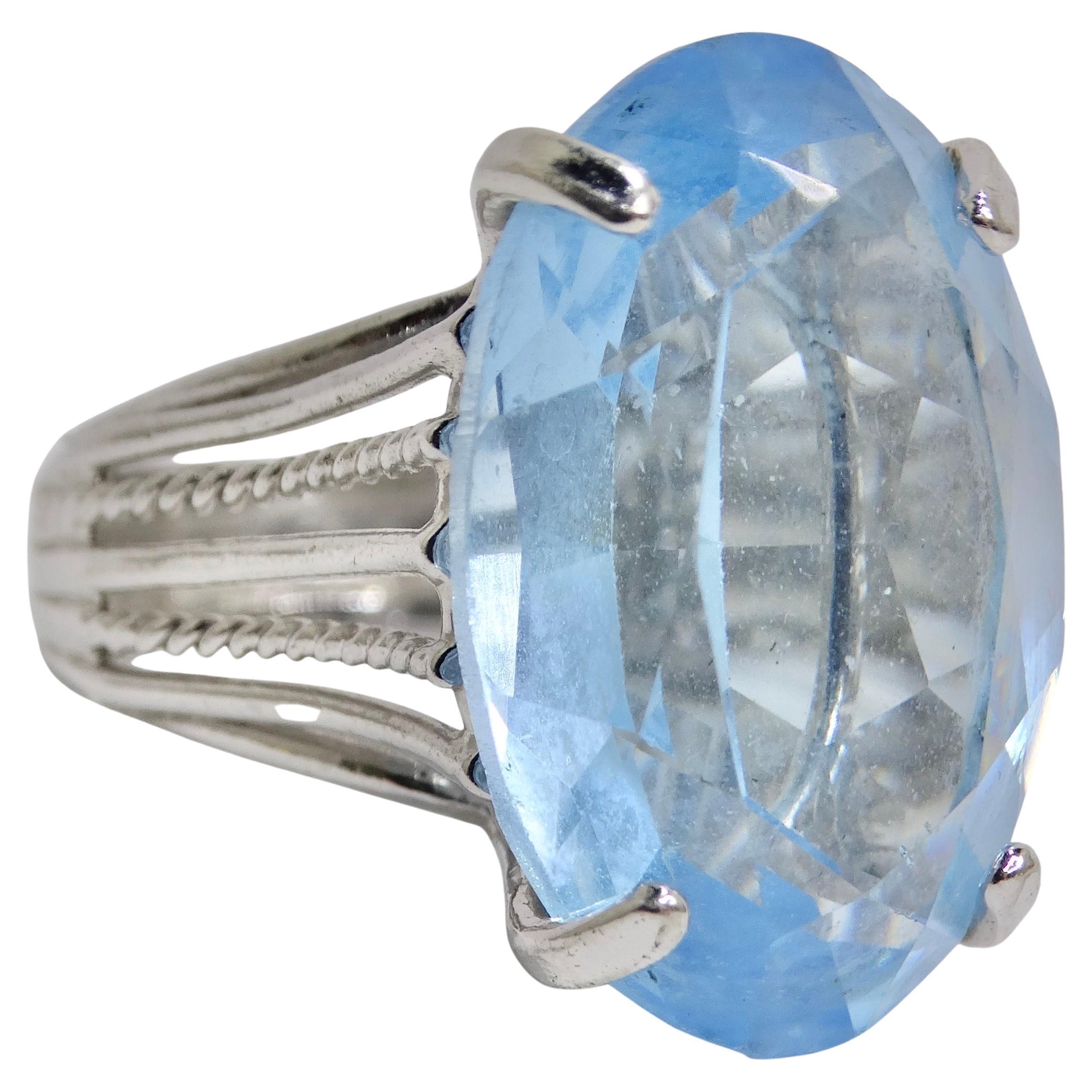 1970s Synthetic Aquamarine Silver Plated Cocktail Ring For Sale