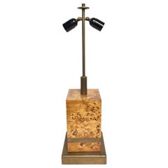 Midcentury Willy Rizzo Table Lamp in Burl Wood and Brass, Italy 1970s