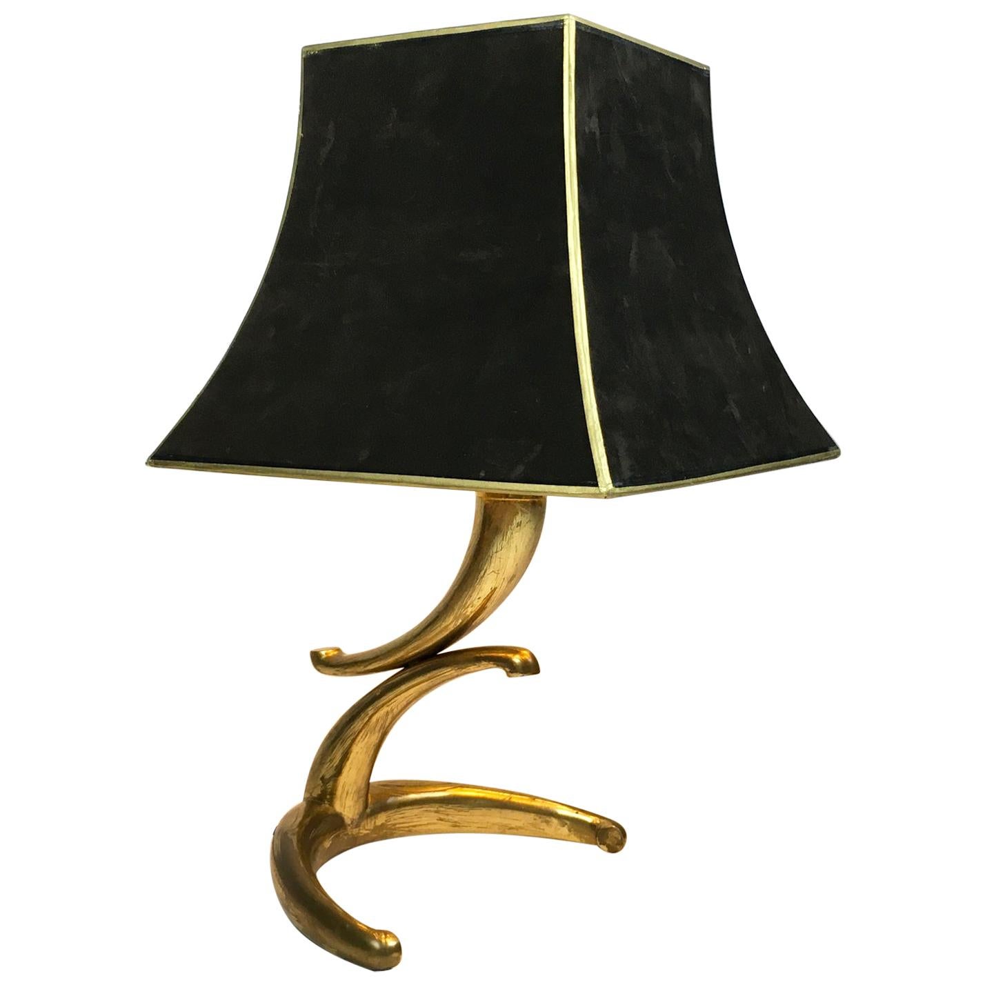 1970s Table Lamp in Solid Brass Horns Shape with Velvet Lampshade, France For Sale