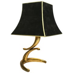 Vintage 1970s Table Lamp in Solid Brass Horns Shape with Velvet Lampshade, France