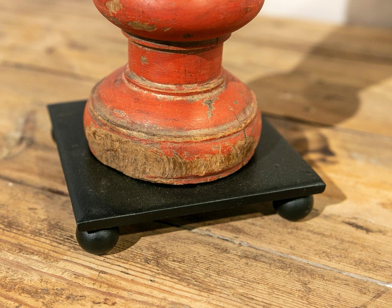 1970s, Table Lamp Made from a Red Painted Wooden Bed Leg For Sale at