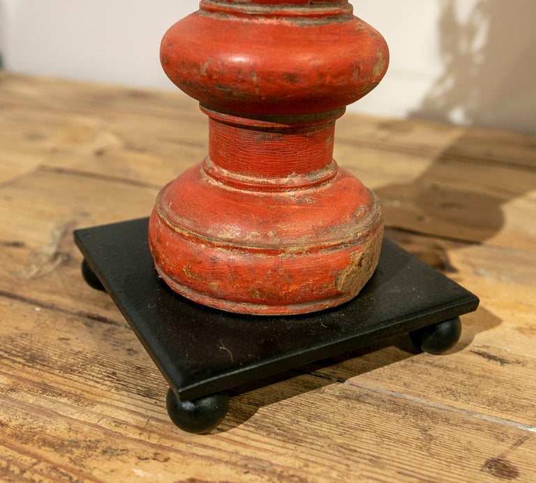 1970s, Table Lamp Made from a Red Painted Wooden Bed Leg For Sale at