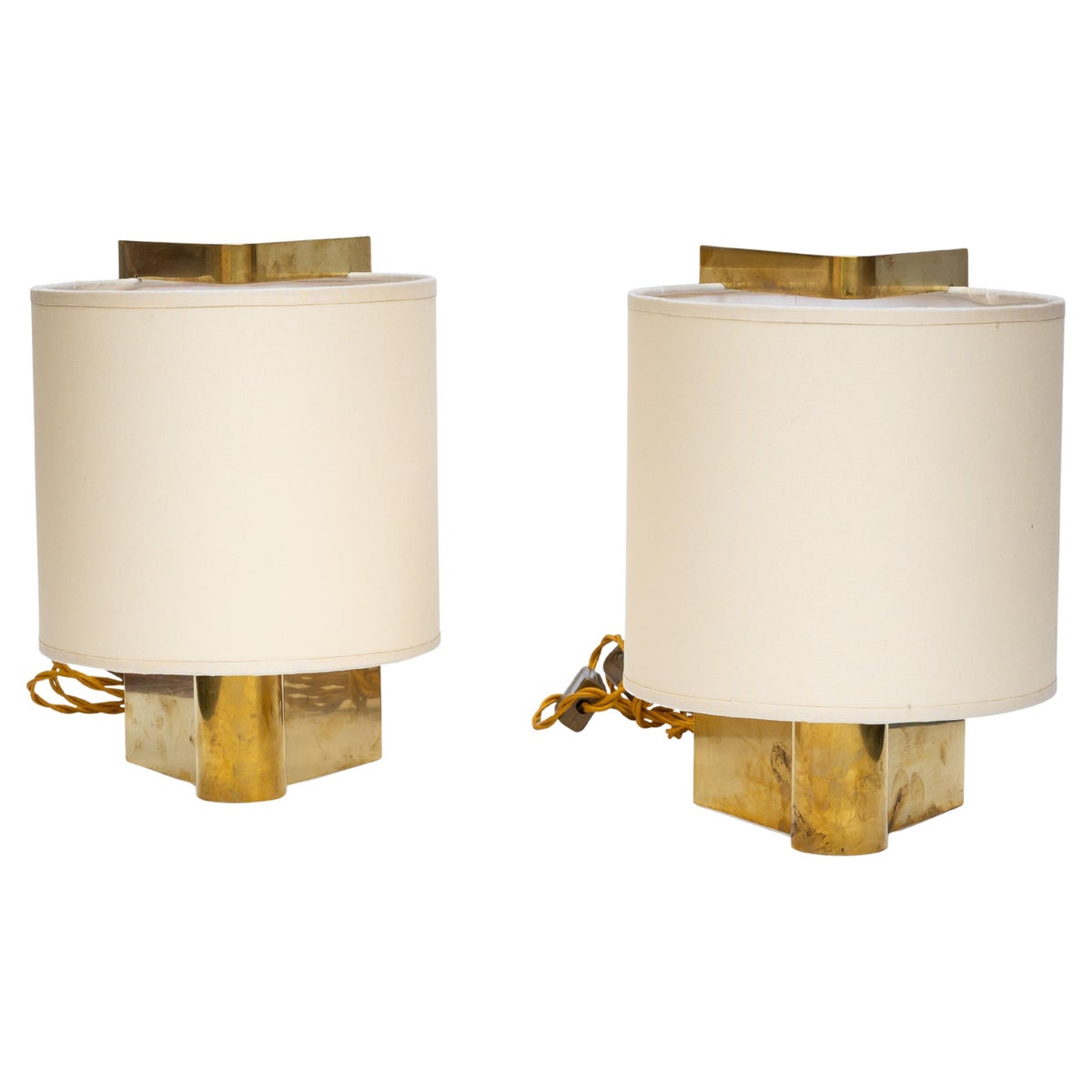 1970s table lamps Cream fabric shade on brass metal by Giuliana Gramigna