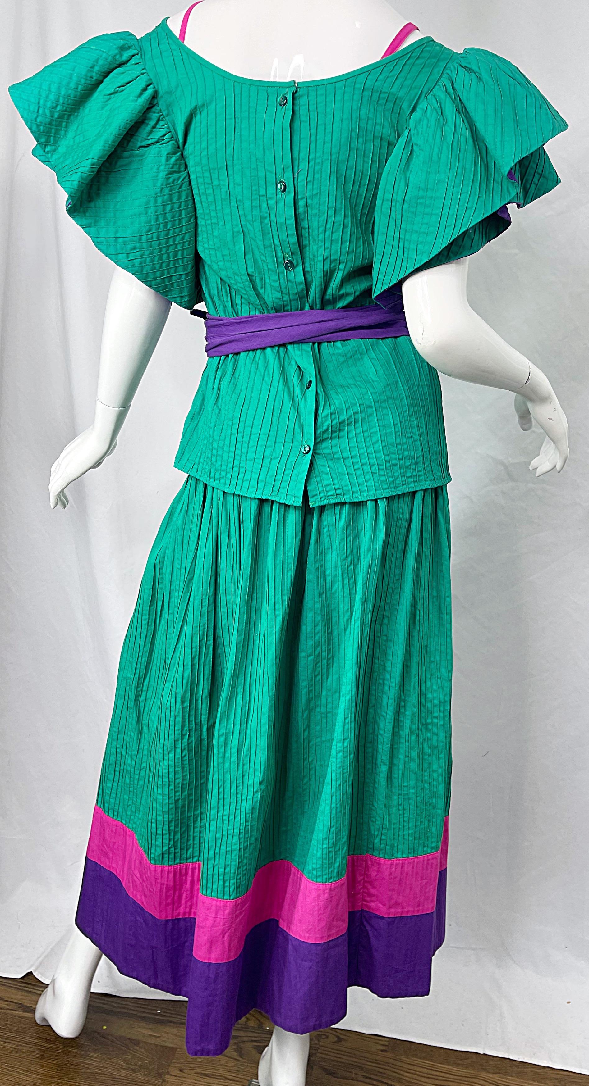 1970s Tachi Castillo 4 Piece Green Purple Pink Cotton Vintage 70s Dress Ensemble For Sale 3