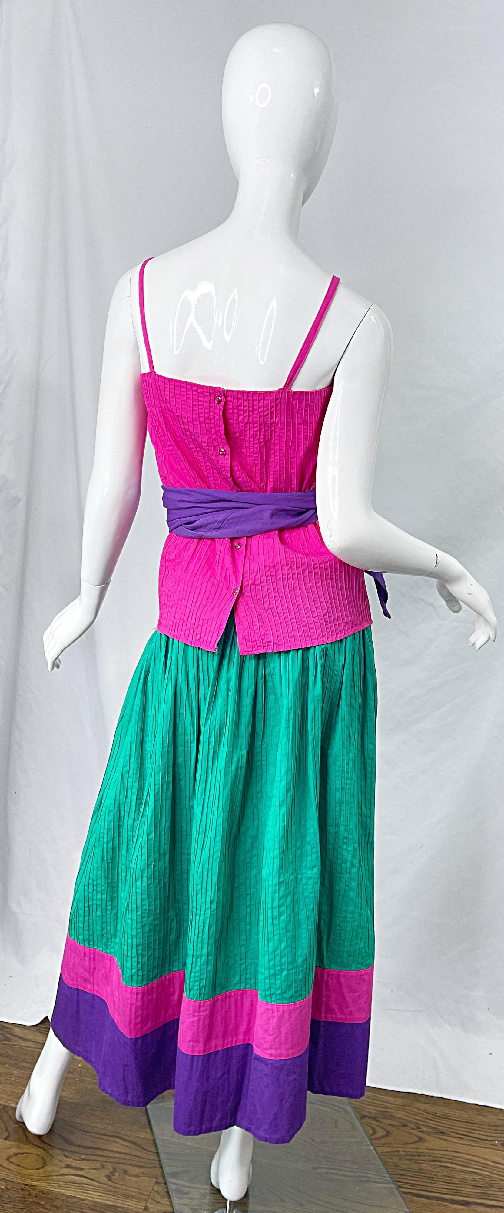1970s Tachi Castillo 4 Piece Green Purple Pink Cotton Vintage 70s Dress Ensemble For Sale 4