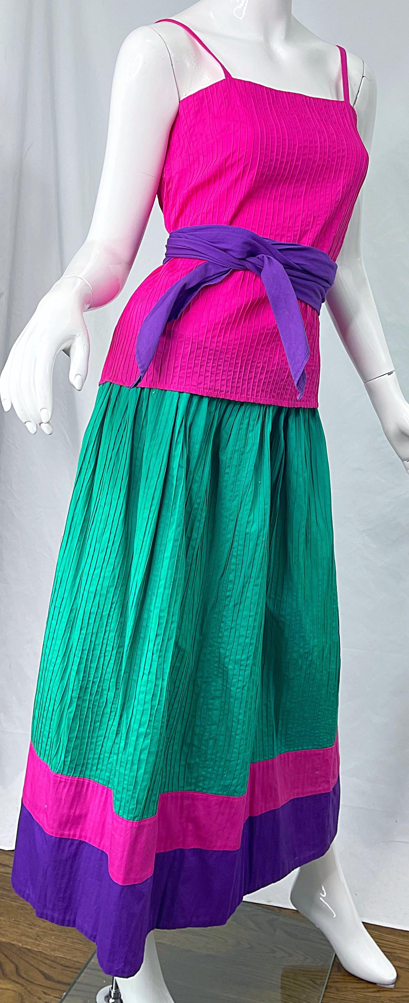 1970s Tachi Castillo 4 Piece Green Purple Pink Cotton Vintage 70s Dress Ensemble For Sale 5