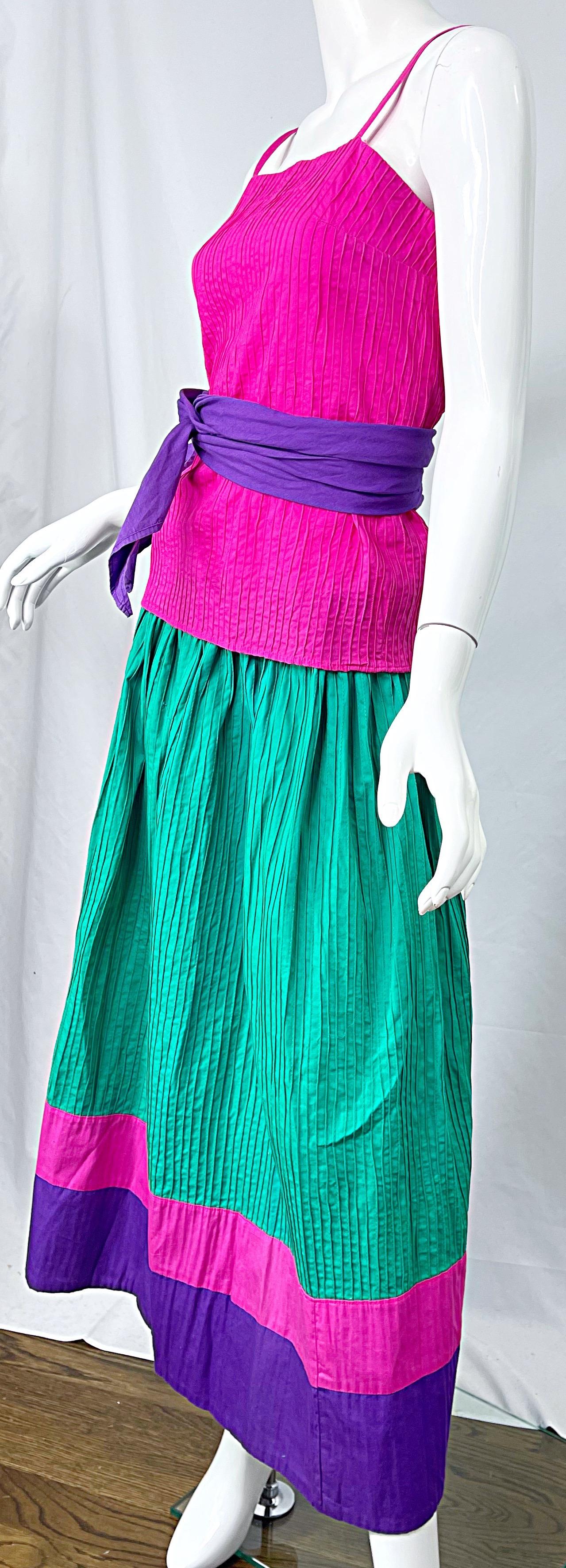 1970s Tachi Castillo 4 Piece Green Purple Pink Cotton Vintage 70s Dress Ensemble For Sale 6