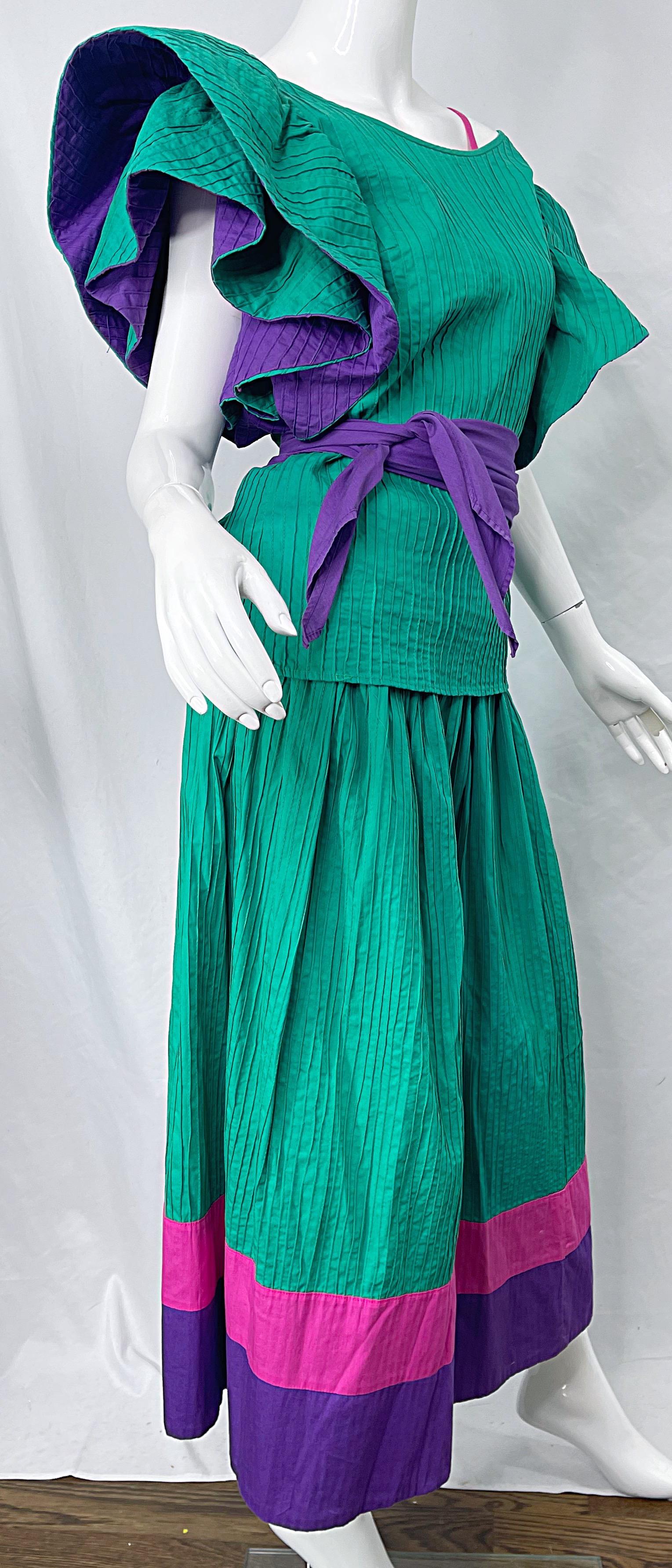 1970s Tachi Castillo 4 Piece Green Purple Pink Cotton Vintage 70s Dress Ensemble For Sale 8