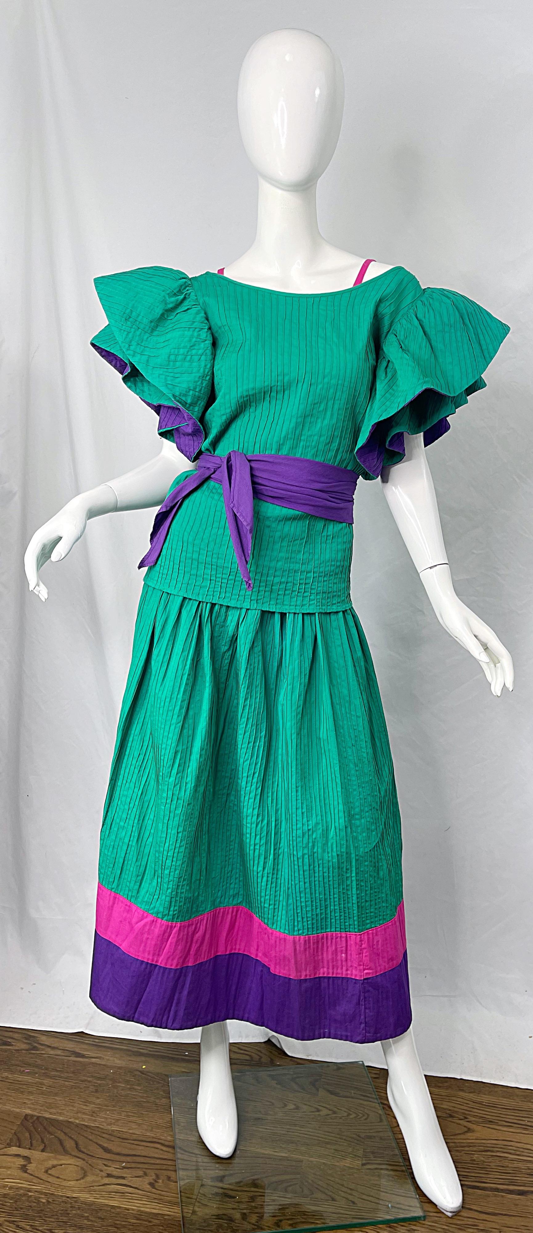 1970s Tachi Castillo 4 Piece Green Purple Pink Cotton Vintage 70s Dress Ensemble For Sale 10