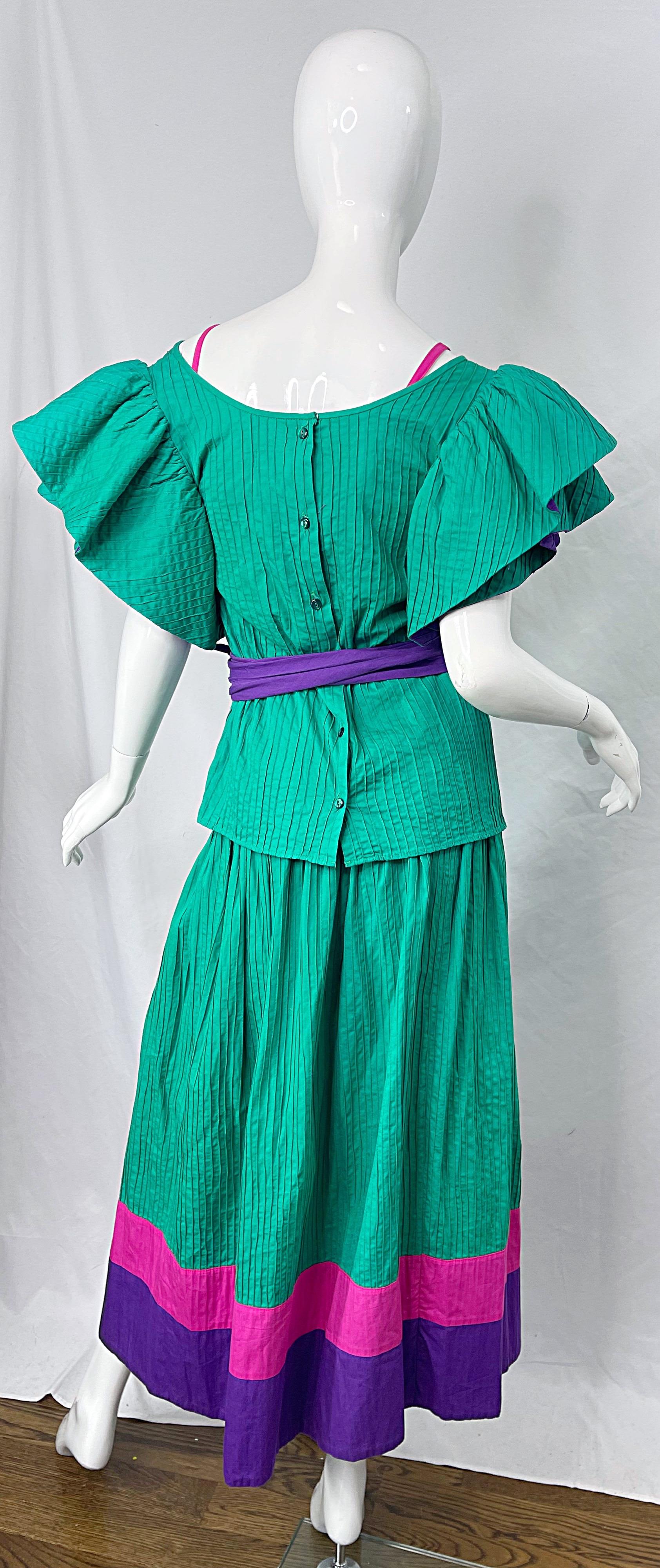 1970s Tachi Castillo 4 Piece Green Purple Pink Cotton Vintage 70s Dress Ensemble For Sale 12