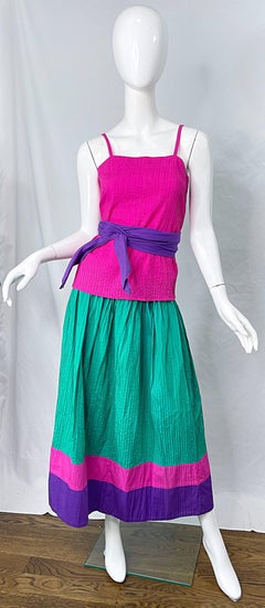 1970s Tachi Castillo 4 Piece Green Purple Pink Cotton Vintage 70s Dress Ensemble