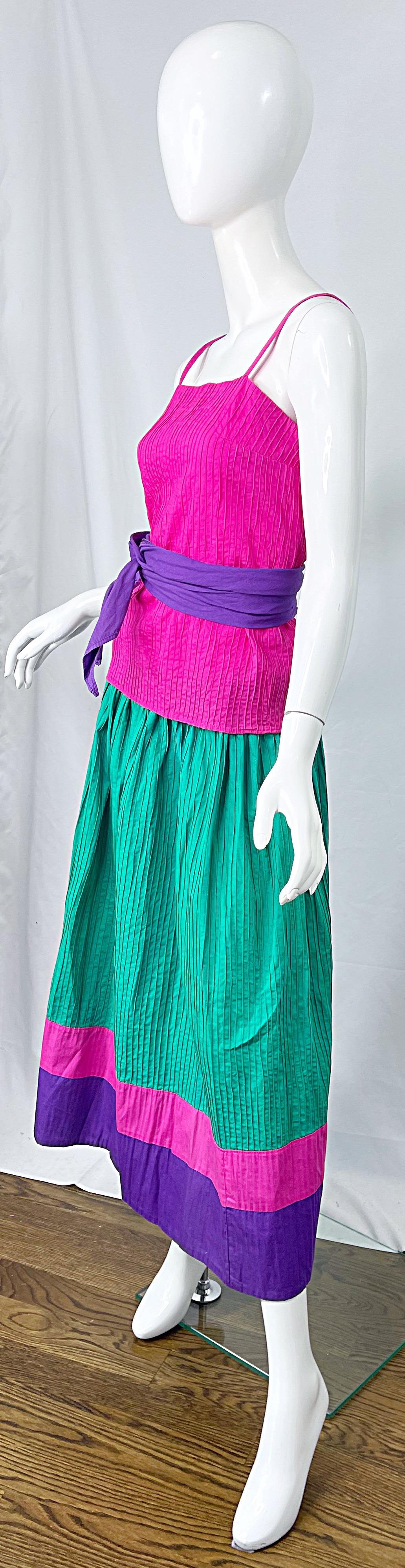 1970s Tachi Castillo 4 Piece Green Purple Pink Cotton Vintage 70s Dress Ensemble For Sale 1