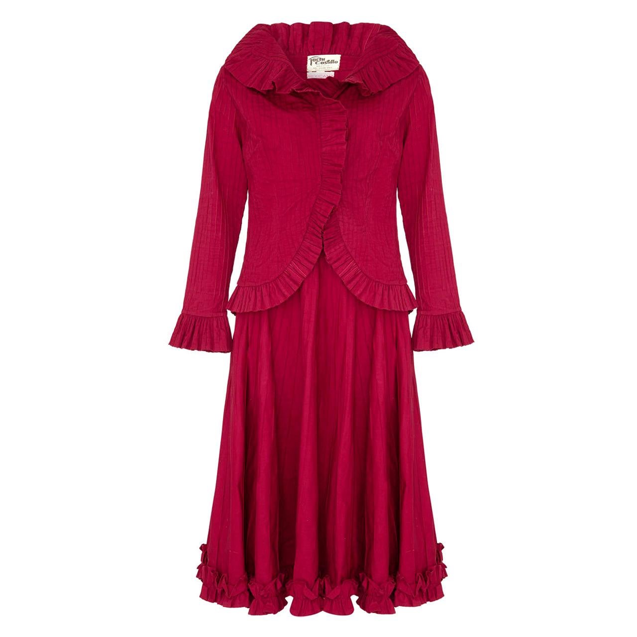 1970s Tachi Castillo Crimson Mexicana Blouse and Skirt  For Sale