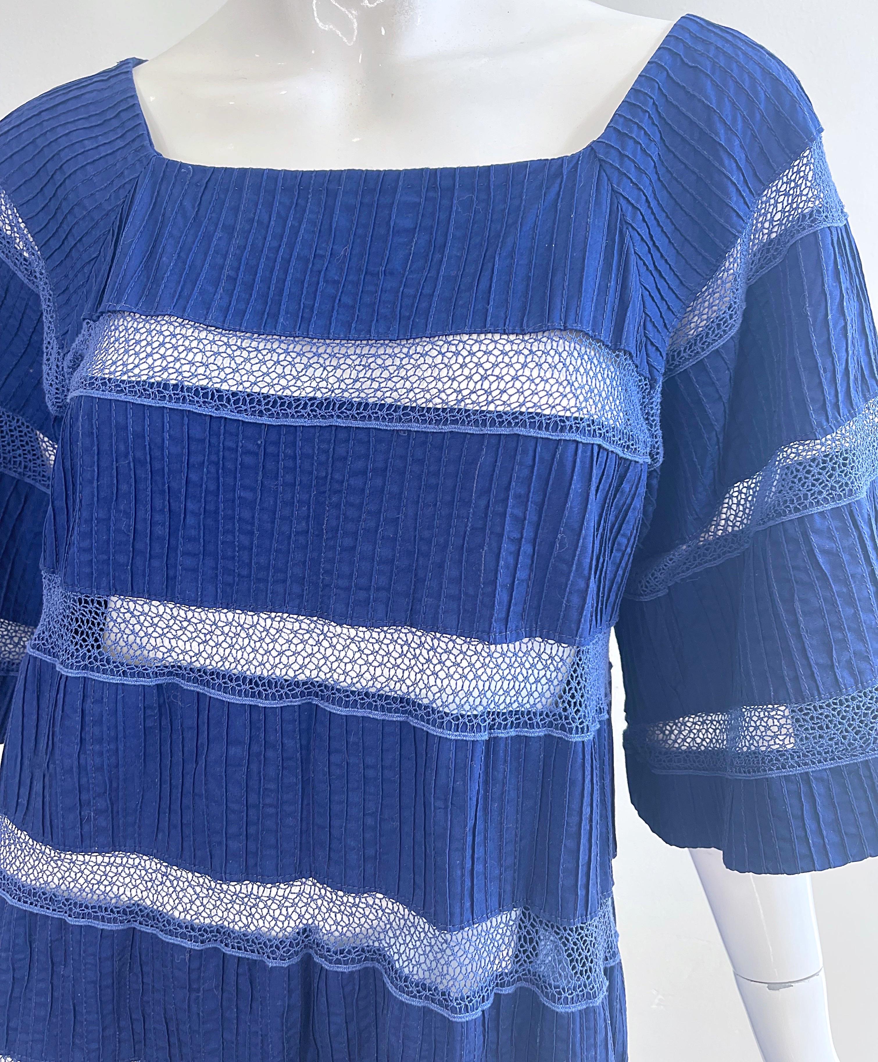 Women's 1970s Tachi Castillo for Pan American Phoenix Navy Blue Crochet 70s Maxi Dress For Sale
