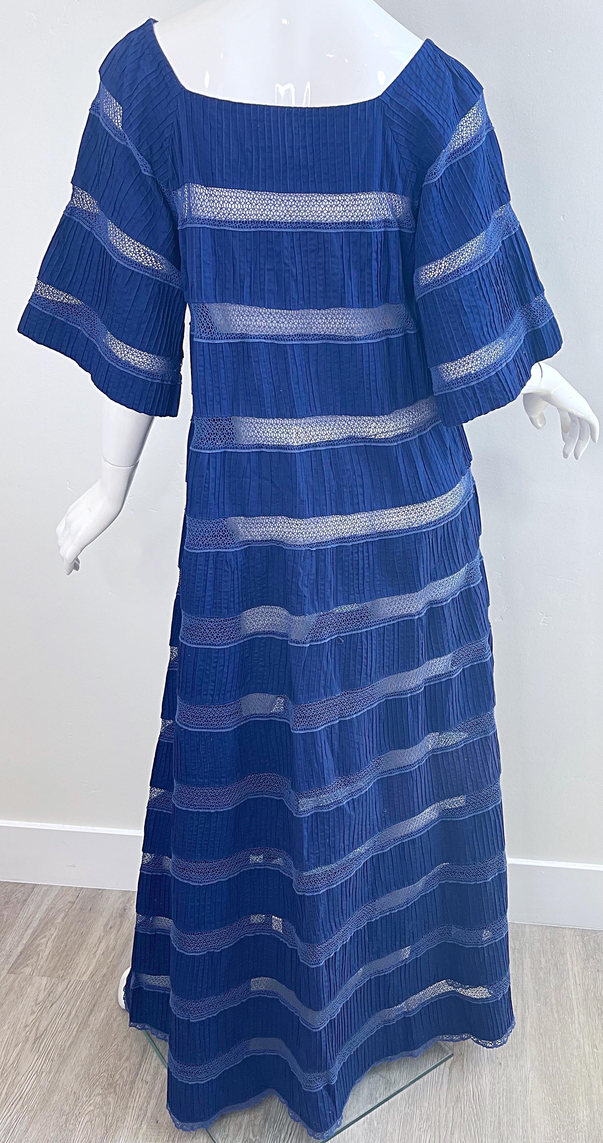1970s Tachi Castillo for Pan American Phoenix Navy Blue Crochet 70s Maxi Dress For Sale 1