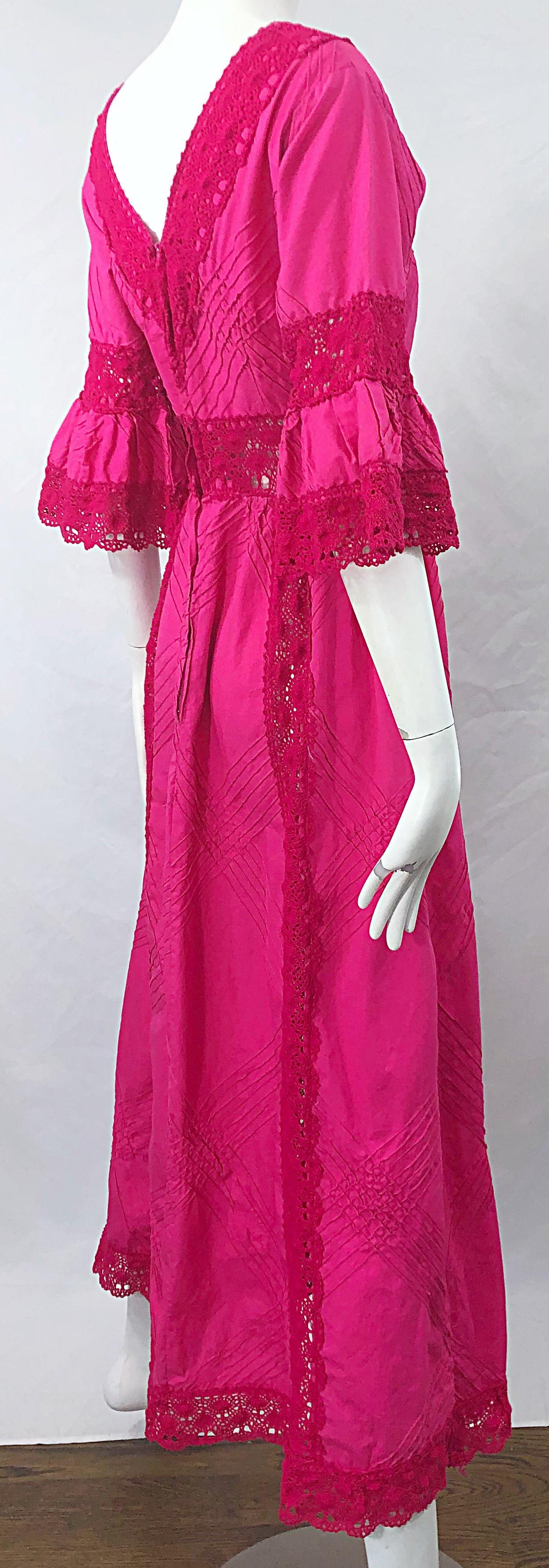 1970s Tachi Castillo Hot Pink Mexican Crochet Vintage Cotton 70s Maxi Dress For Sale 3