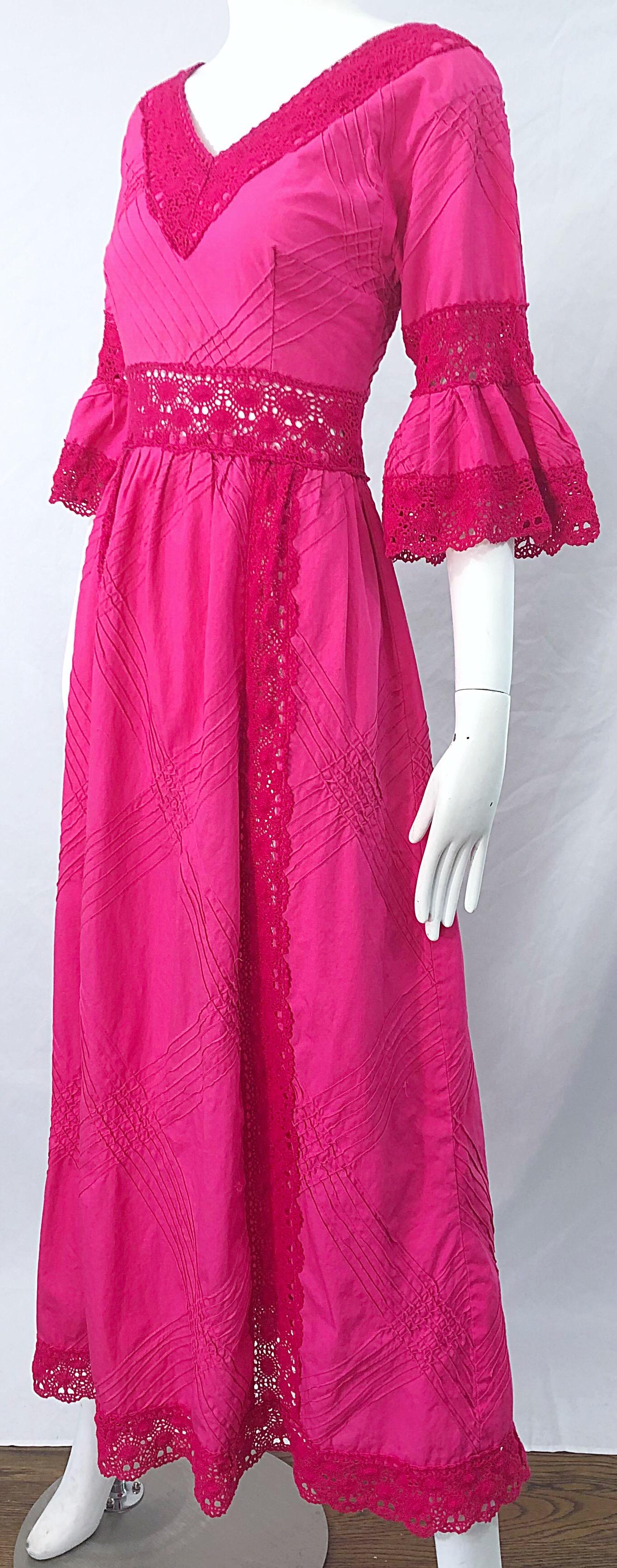 1970s Tachi Castillo Hot Pink Mexican Crochet Vintage Cotton 70s Maxi Dress For Sale 4