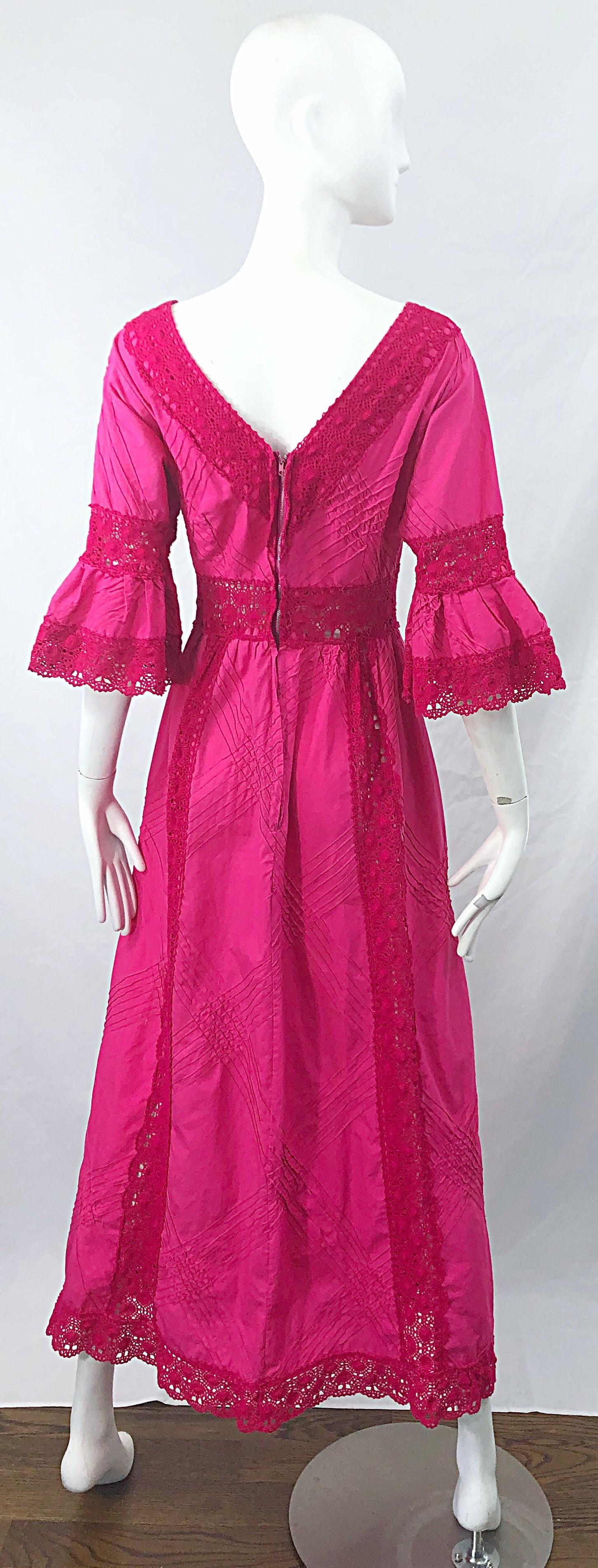 1970s Tachi Castillo Hot Pink Mexican Crochet Vintage Cotton 70s Maxi Dress For Sale 5