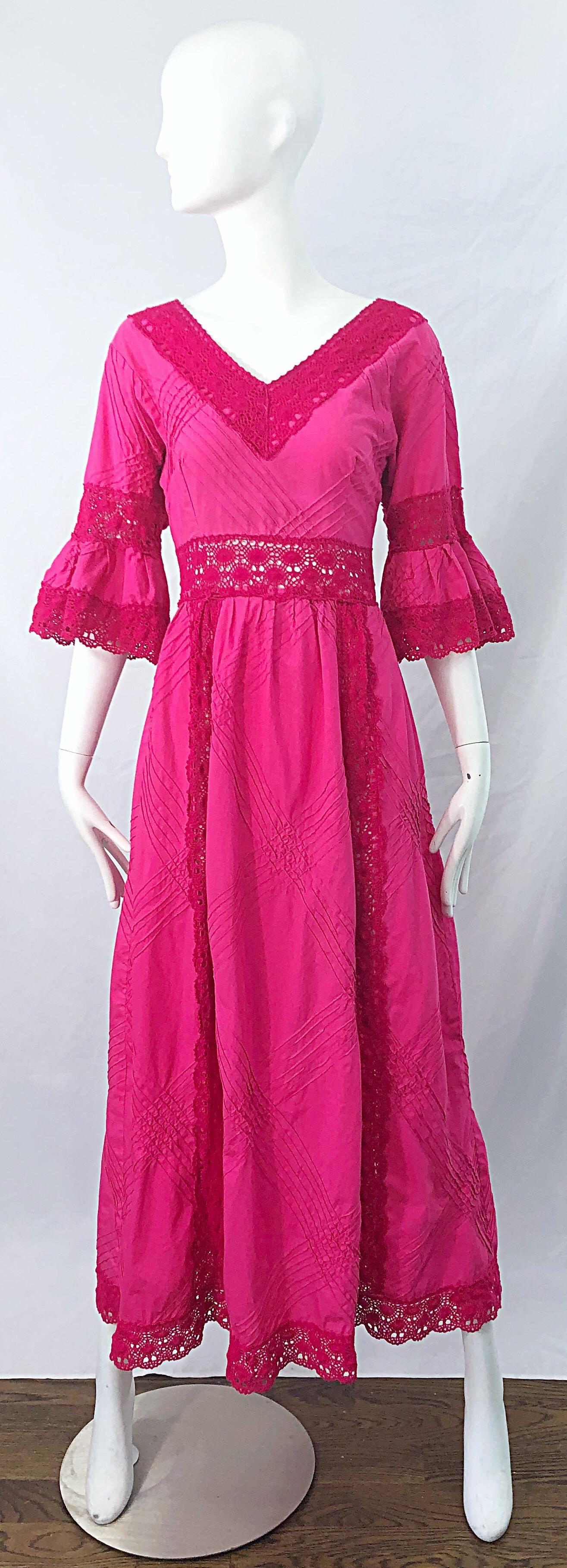 1970s Tachi Castillo Hot Pink Mexican Crochet Vintage Cotton 70s Maxi Dress For Sale 6
