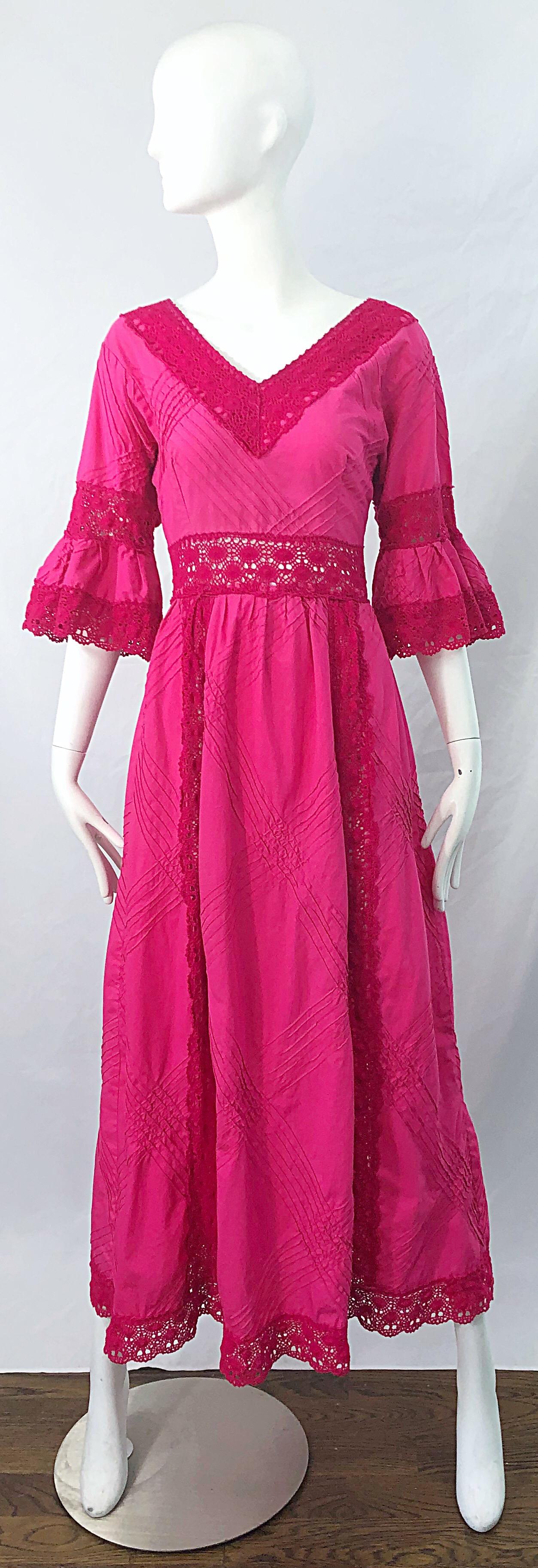 Chic 1970s TACHI CASTILLO hot pink 3/4 bell sleeve cotton crochet boho maxi dress ! Castillo was a Mexican designer who was famed for her textile works, and her ability to transform cotton for day jackets / dresses to evening dresses. This hot pink