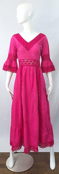 1970s Tachi Castillo Hot Pink Mexican Crochet Vintage Cotton 70s Maxi Dress