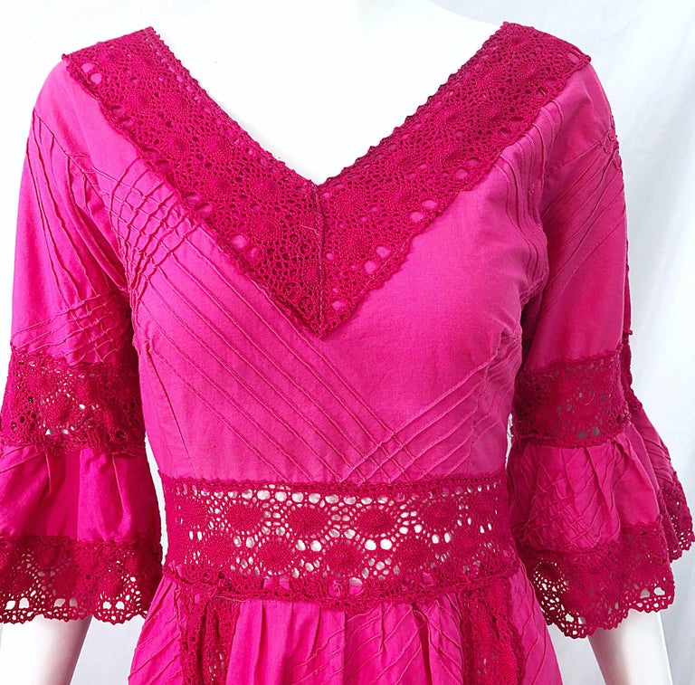 1970s Tachi Castillo Hot Pink Mexican Crochet Vintage Cotton 70s Maxi Dress