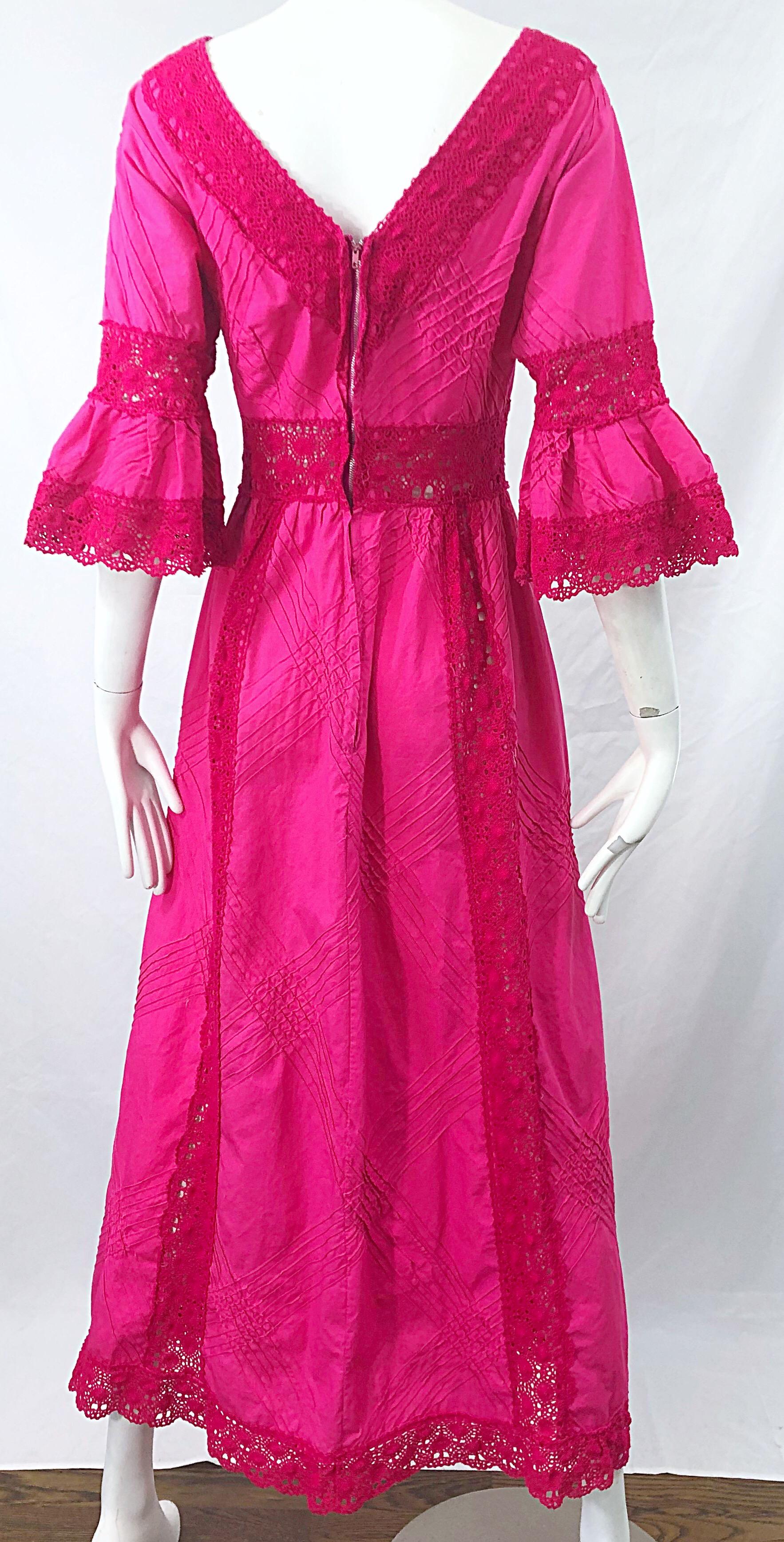 Women's 1970s Tachi Castillo Hot Pink Mexican Crochet Vintage Cotton 70s Maxi Dress For Sale