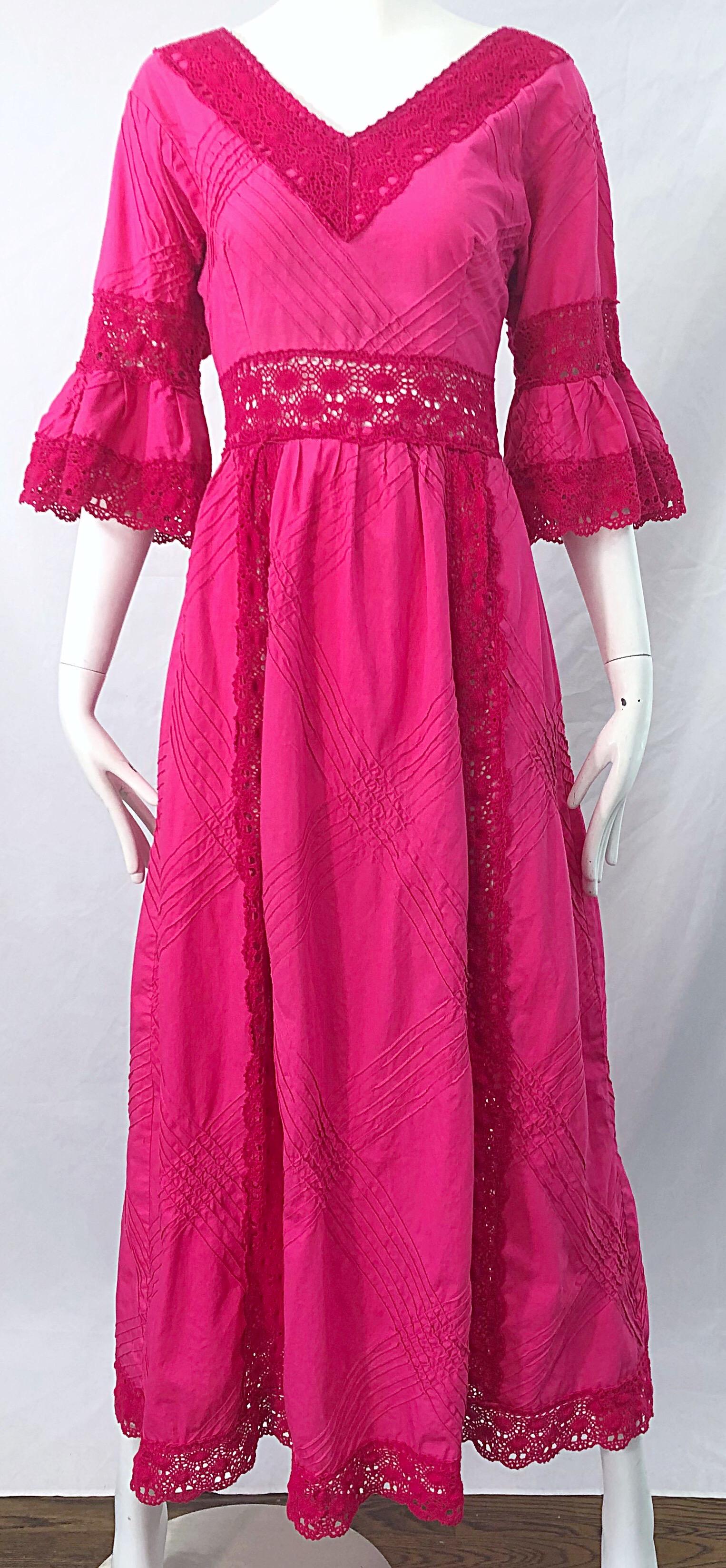 1970s Tachi Castillo Hot Pink Mexican Crochet Vintage Cotton 70s Maxi Dress For Sale 1