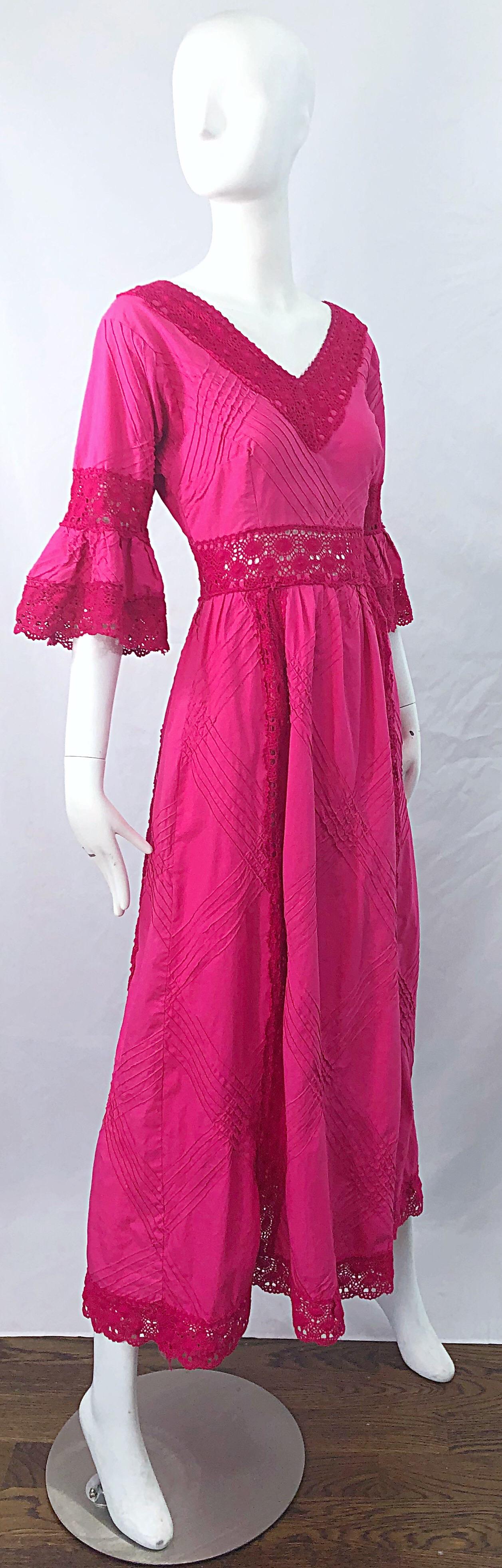 1970s Tachi Castillo Hot Pink Mexican Crochet Vintage Cotton 70s Maxi Dress For Sale 2