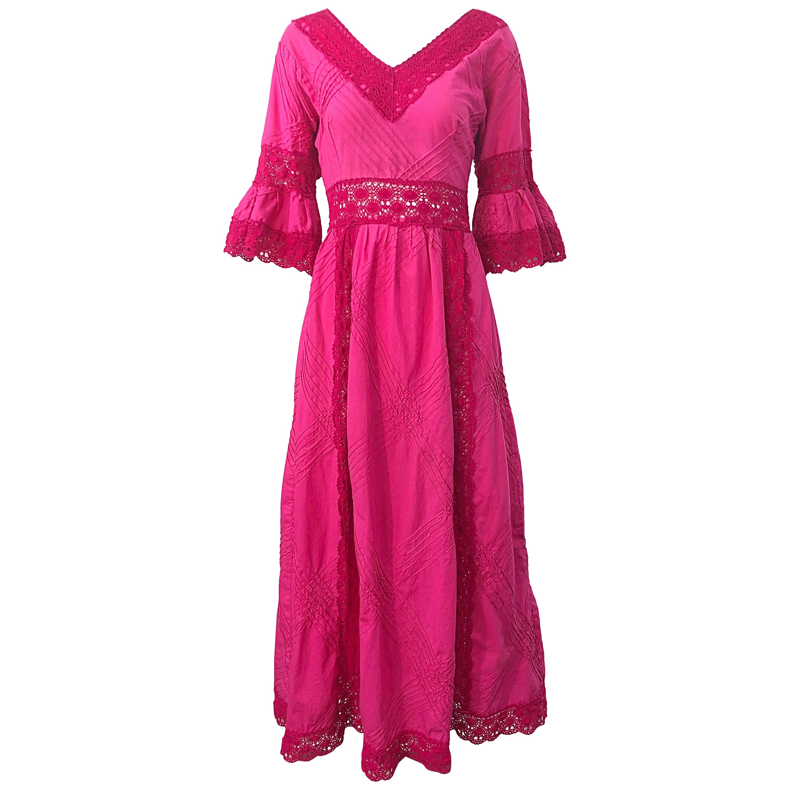 1970s Tachi Castillo Hot Pink Mexican Crochet Vintage Cotton 70s Maxi Dress For Sale