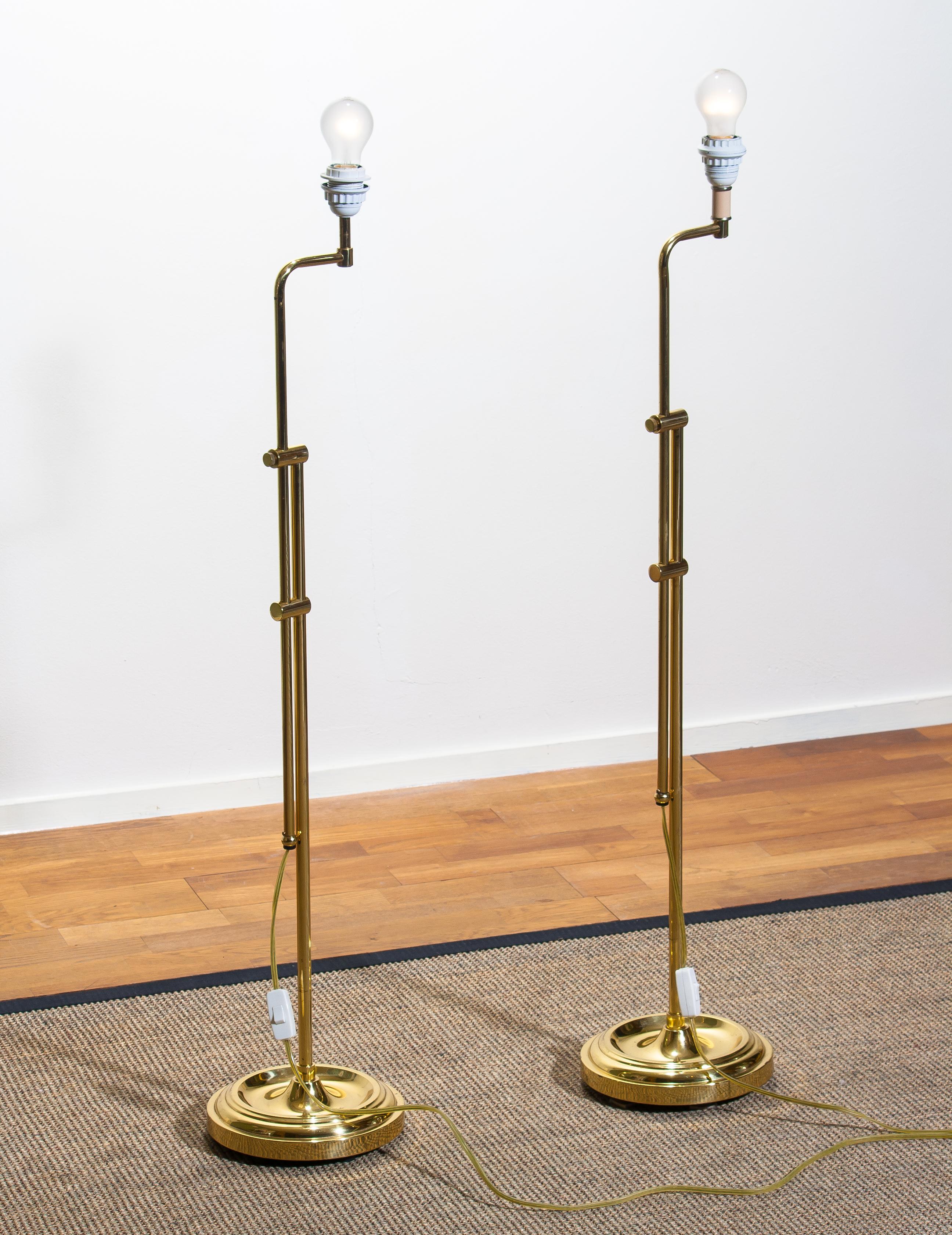 1970s, Tall Brass Hollywood Regency Swing Arm Floor Lamps by Örsjö Sweden In Good Condition In Silvolde, Gelderland