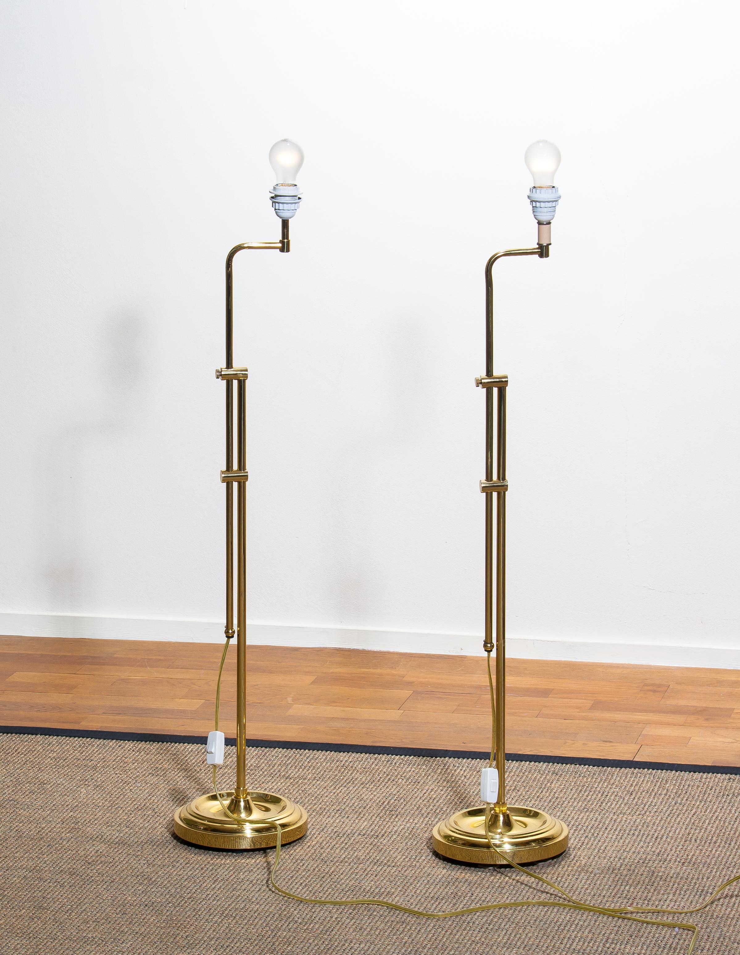 Late 20th Century 1970s, Tall Brass Hollywood Regency Swing Arm Floor Lamps by Örsjö Sweden