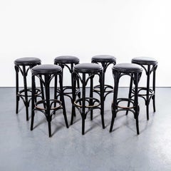 1970's Tall Ebonised Upholstered Bar Stools - Set Of Seven