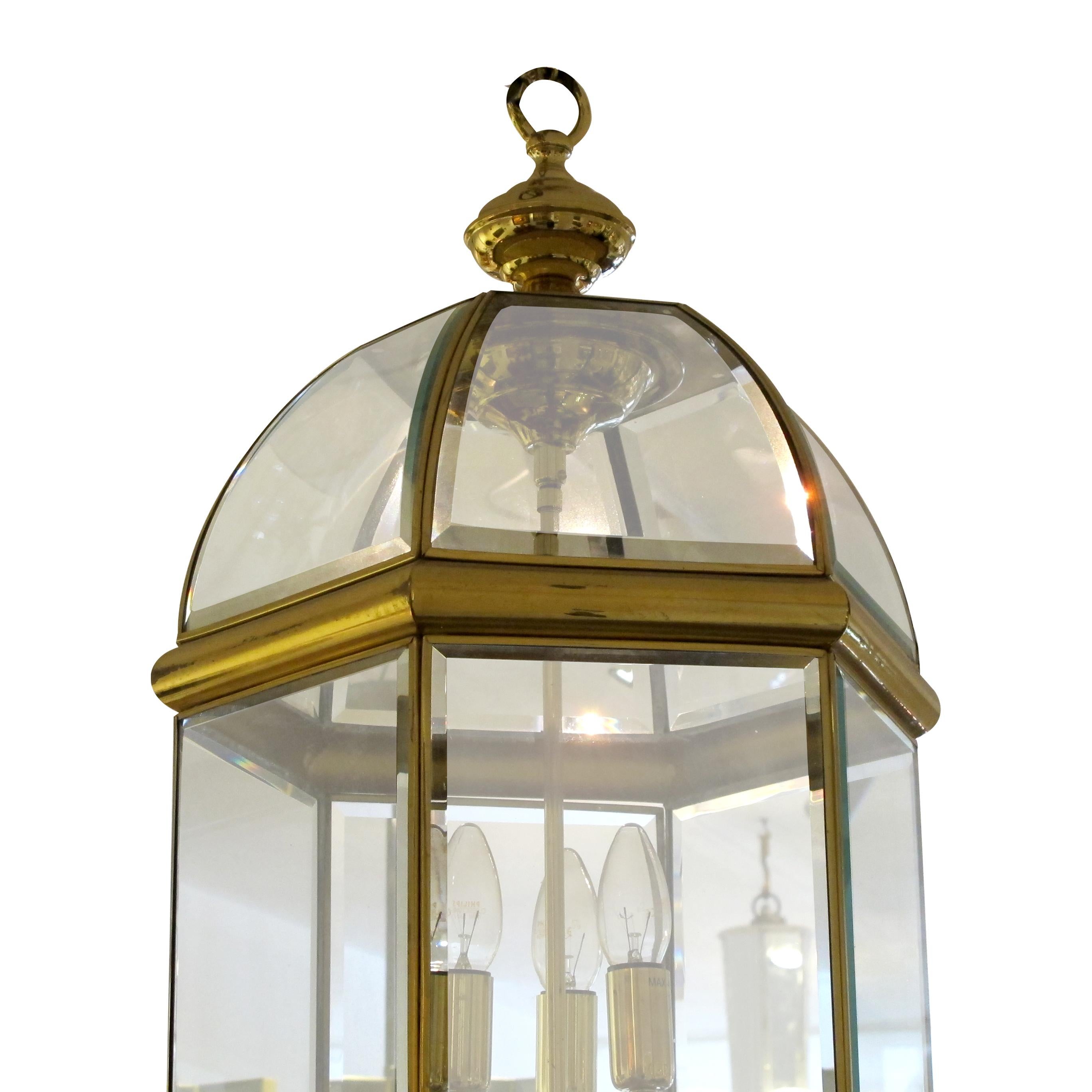 Mid-Century Modern 1970s Tall Hexagonal Brass and Curved Bevelled Glass Lantern, Swedish  For Sale