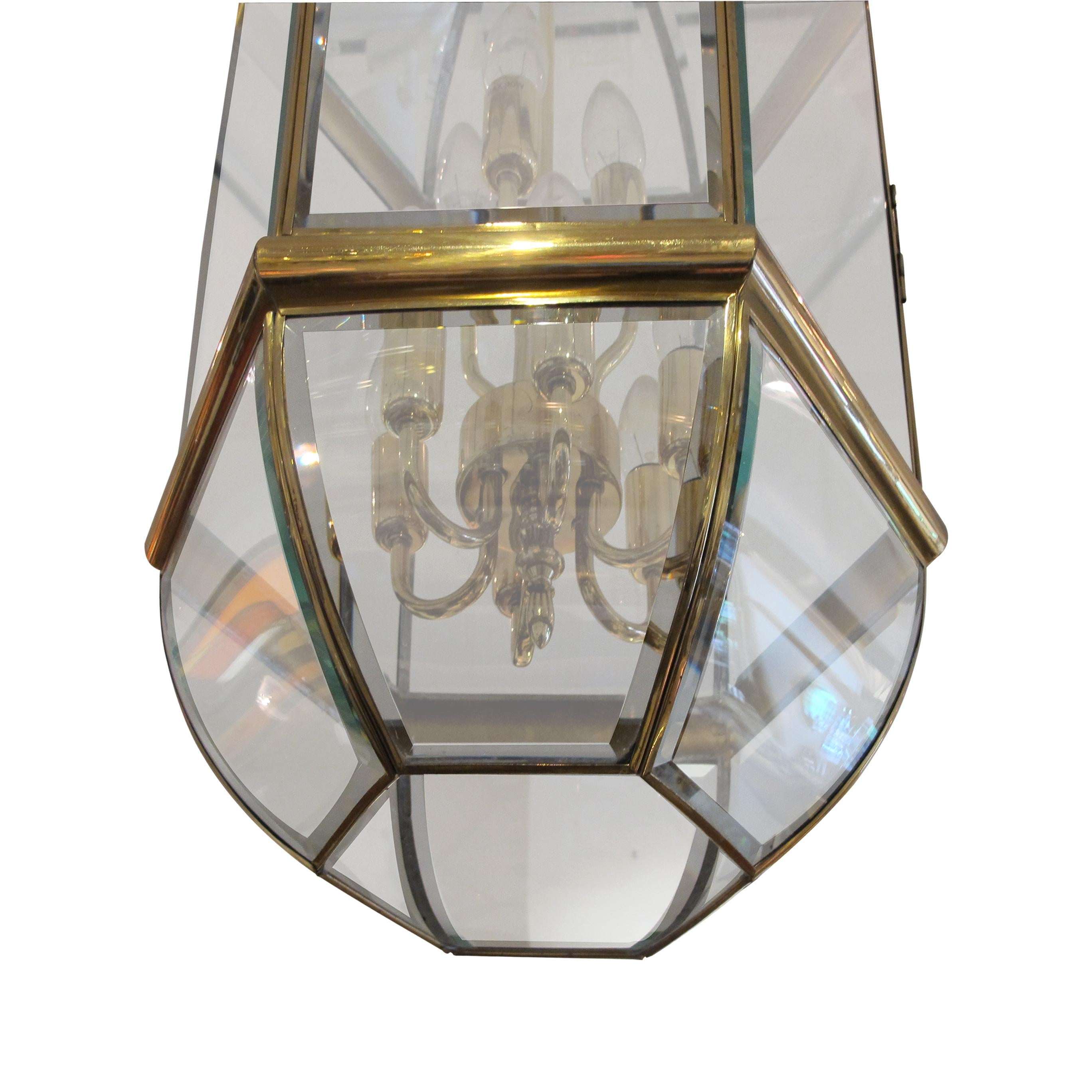 1970s Tall Hexagonal Brass and Curved Bevelled Glass Lantern, Swedish  In Good Condition For Sale In London, GB