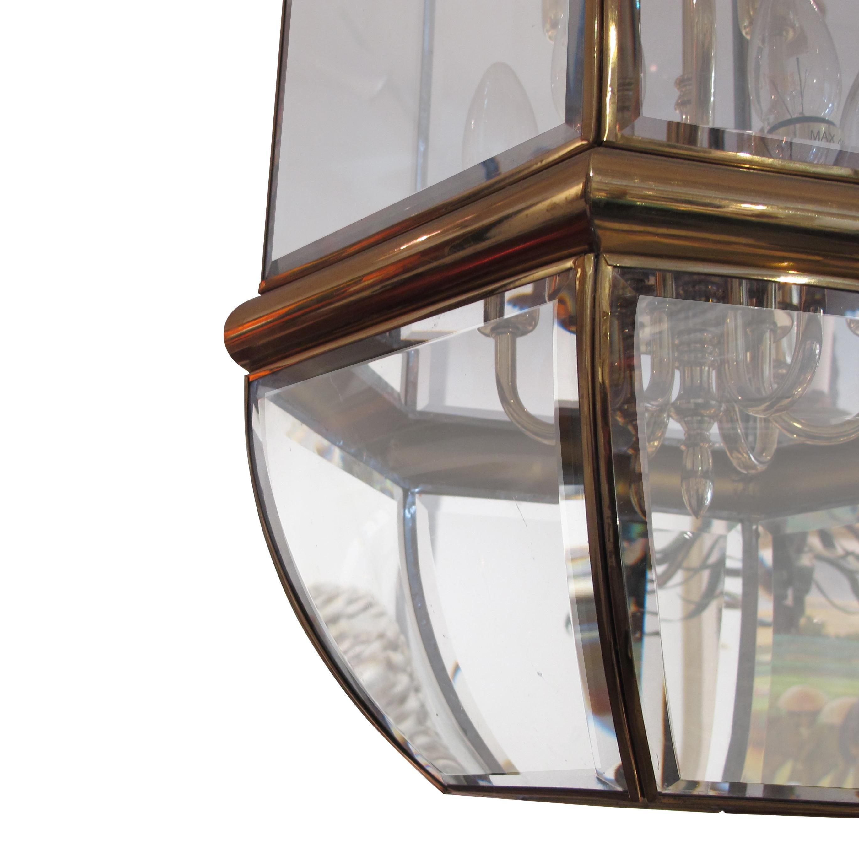 1970s Tall Hexagonal Brass and Curved Bevelled Glass Lantern, Swedish  For Sale 1