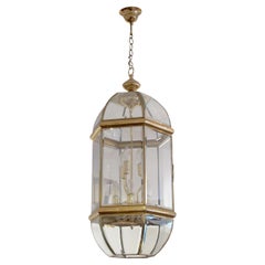 1970s Tall Hexagonal Brass and Curved Bevelled Glass Lantern, Swedish