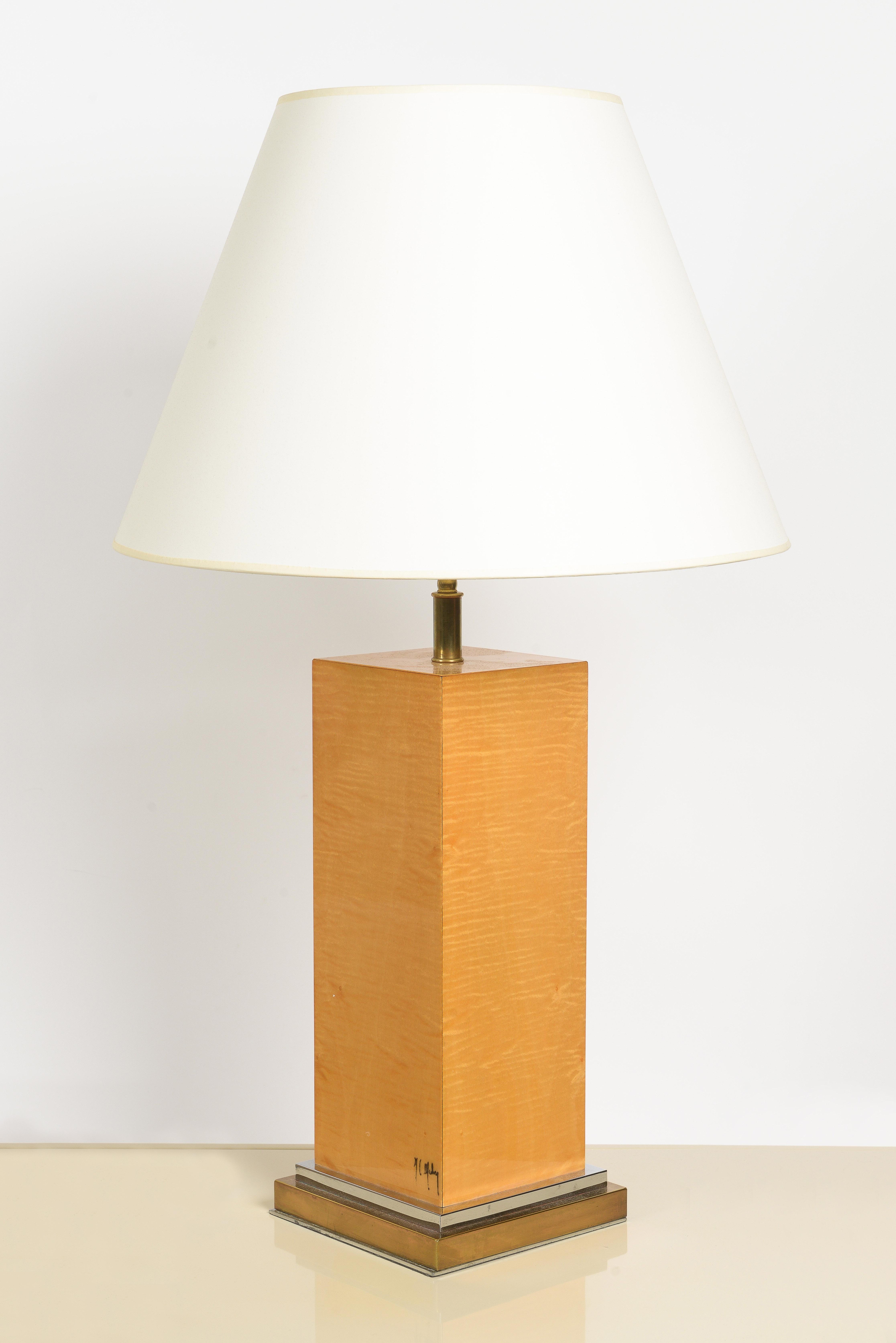 Mid-Century Modern 1970s Tall Rectangular sycamore base raised on a square brass base signed lamp For Sale