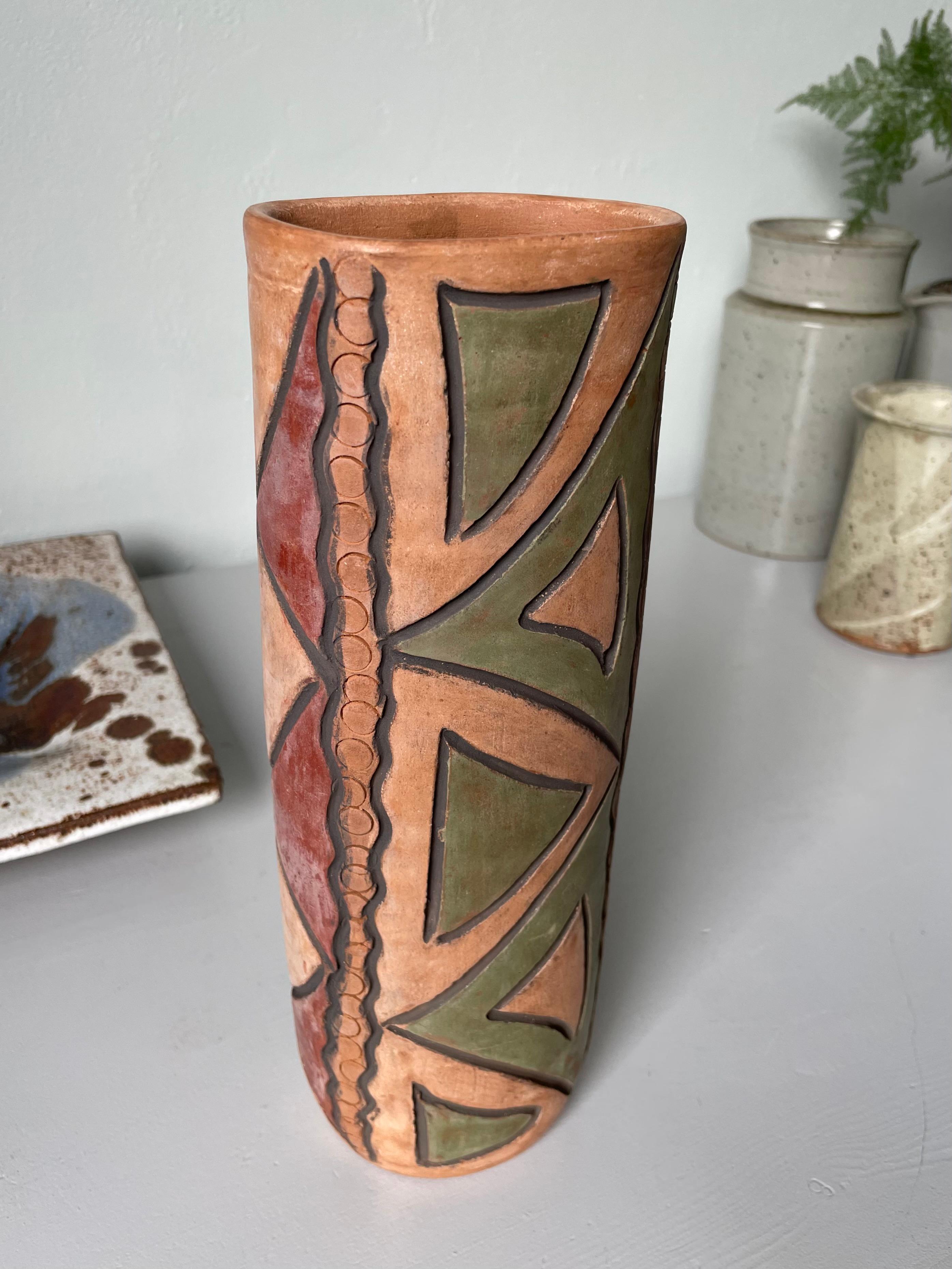 Tall Handmade Folkloristic Geometric Decor Ceramic Vase For Sale 3